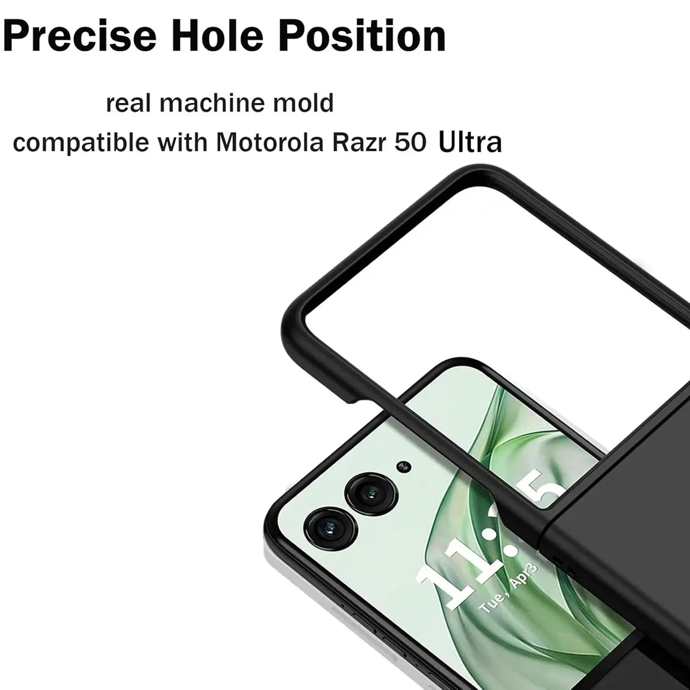 Schwarze Silikonhülle über Motorola Razr 50 Ultra, Draufsicht.