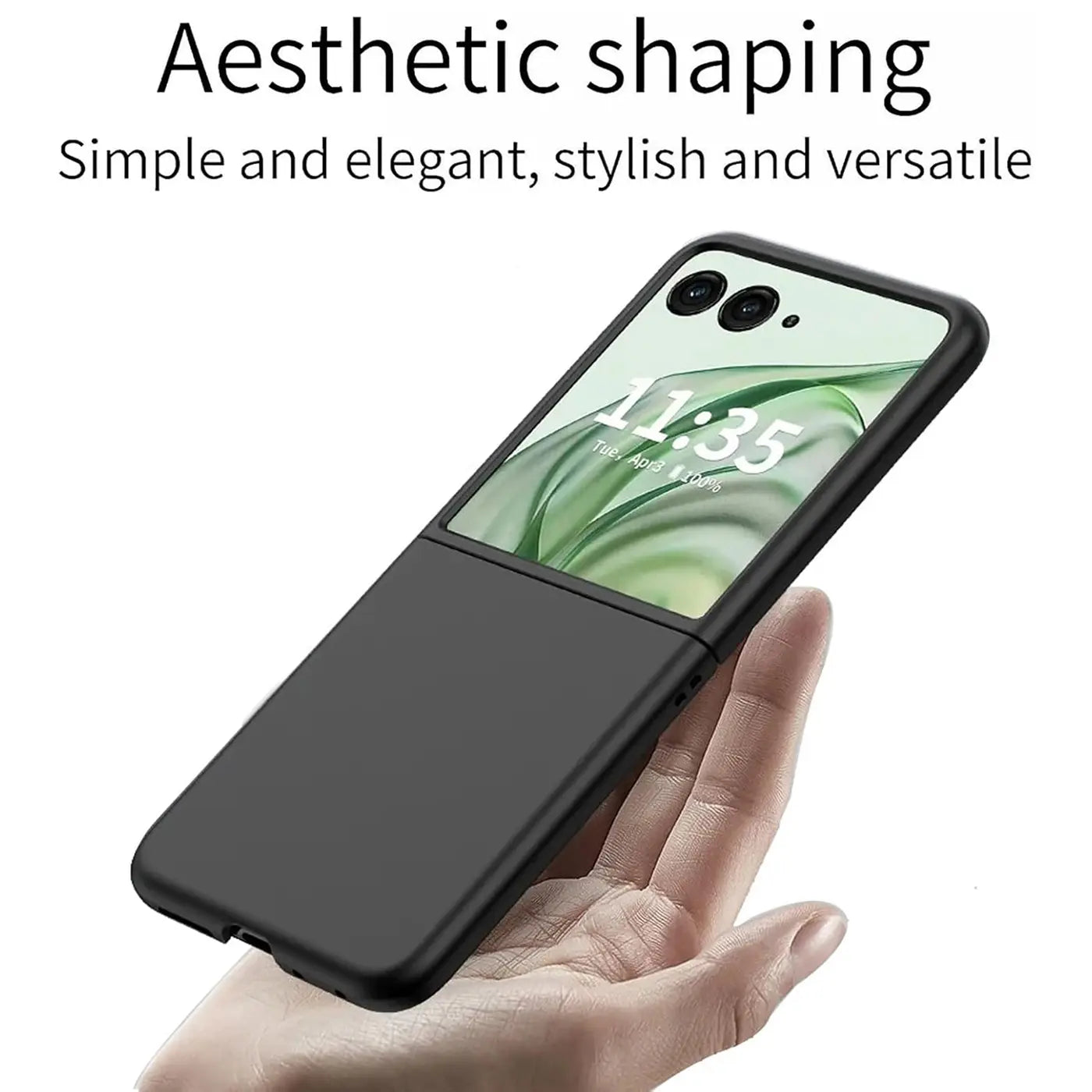Schwarze Silikonhülle für Motorola Razr 50 Ultra, matt, von oben rechts, mit offenem Display.