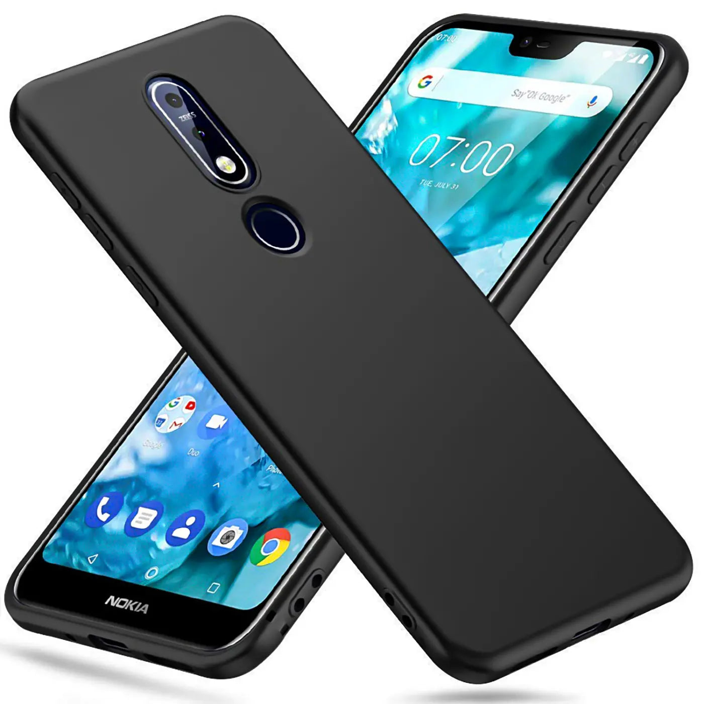 Schwarze matte Silikonhülle auf Nokia 3.2, von oben links, mit zweitem Nokia 3.2 im Hintergrund.