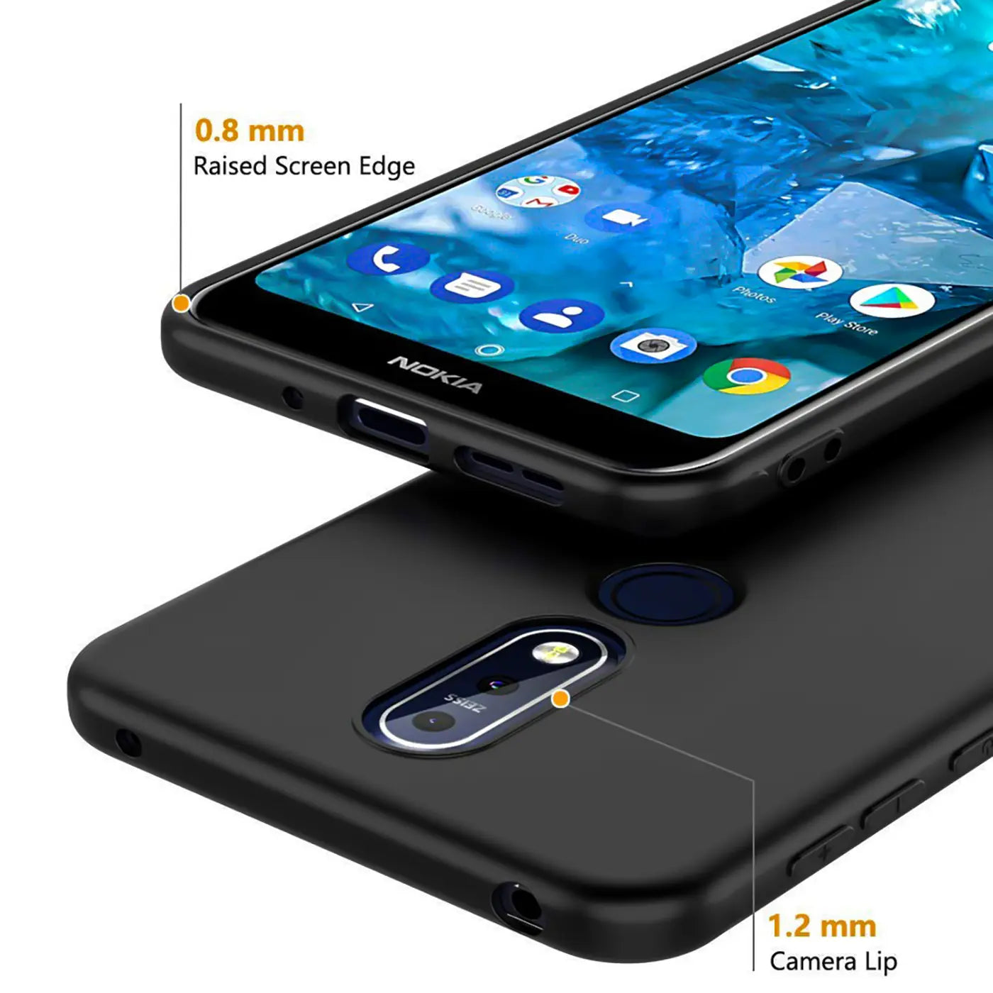 Schwarze matte Silikonhülle für Nokia 3.2, Nahaufnahme, Rückseite und Vorderseite sichtbar.