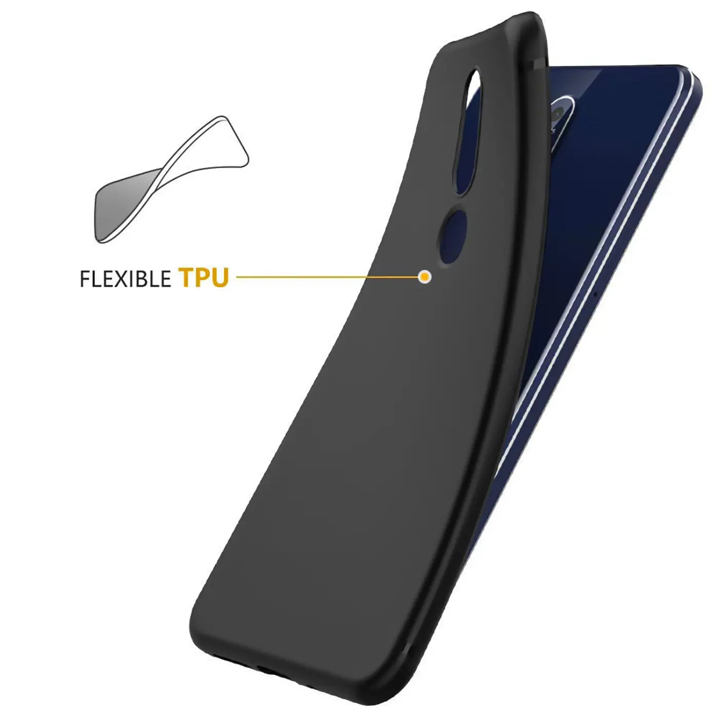 Schwarze, matte Silikonhülle für Nokia 3.2, von schräg oben gezeigt. TPU-Symbol.