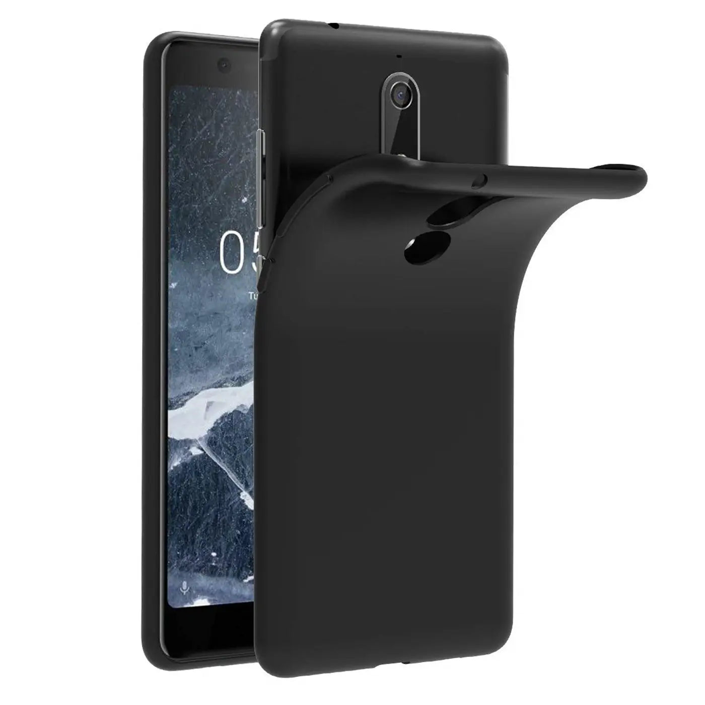Schwarze Silikonhülle, matt, von hinten, mit Nokia 5.1.