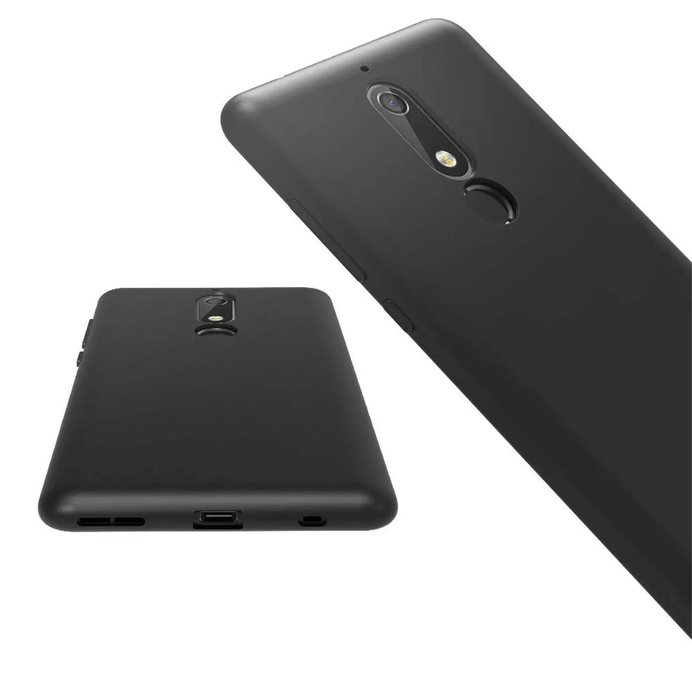Schwarze Silikonhülle für Nokia 5.1, matt, von vorne unten und von hinten oben gezeigt.