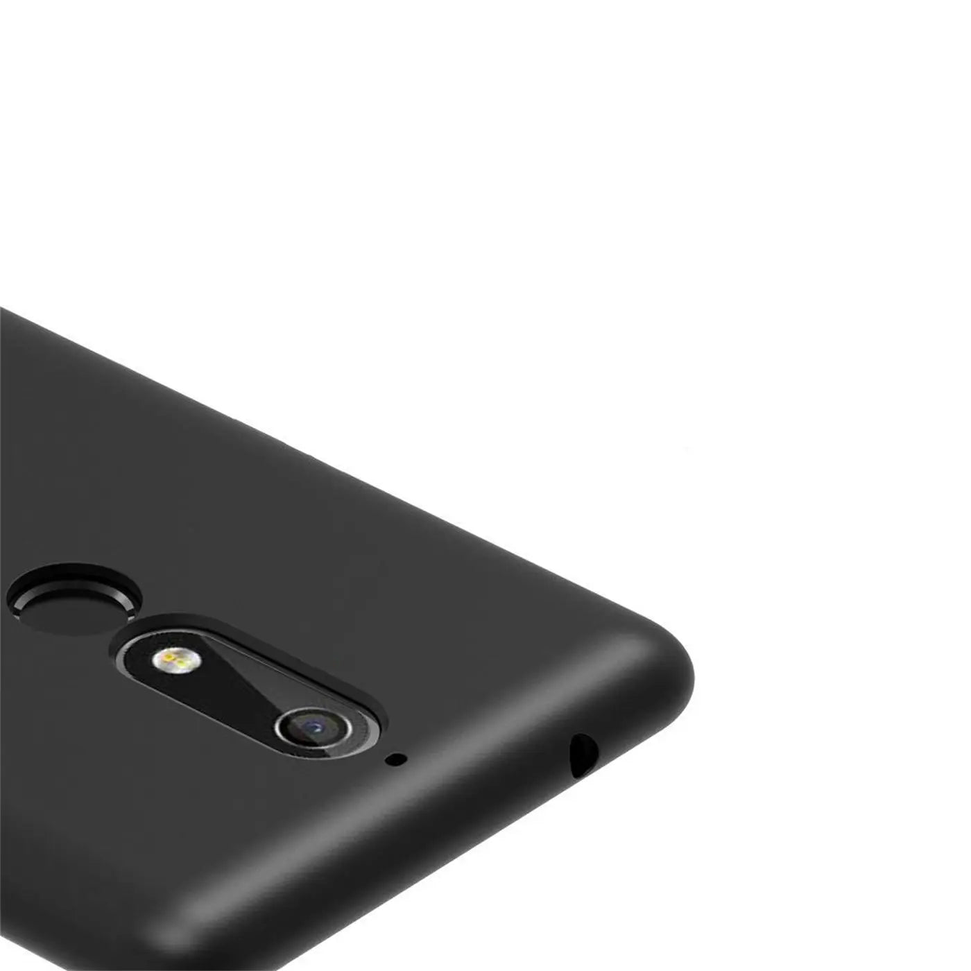 Schwarze Silikonhülle, Rückansicht, Nokia 5.1 mit Kamera und Fingerabdrucksensor.