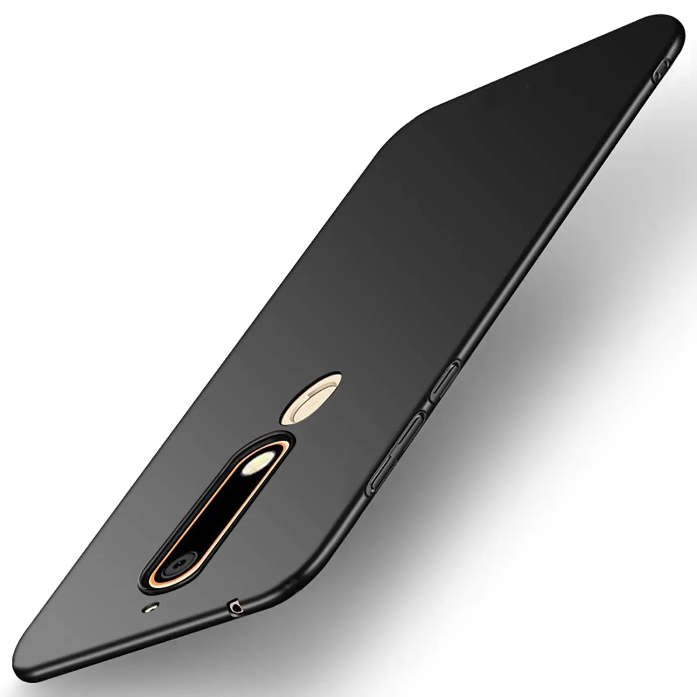 Schwarze Silikonhülle, matt, von schräg oben, auf einem Nokia 5.1