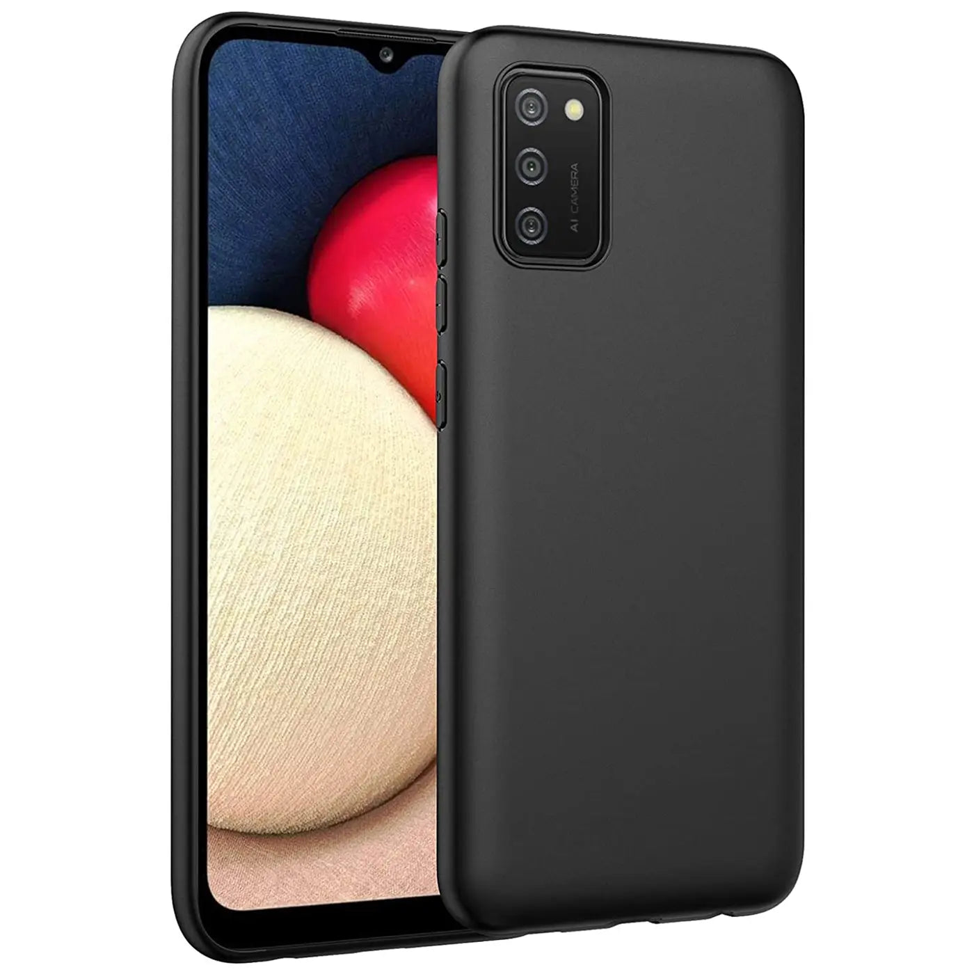 Schwarze Silikonhülle auf Samsung Galaxy A02S, Rückansicht, matt