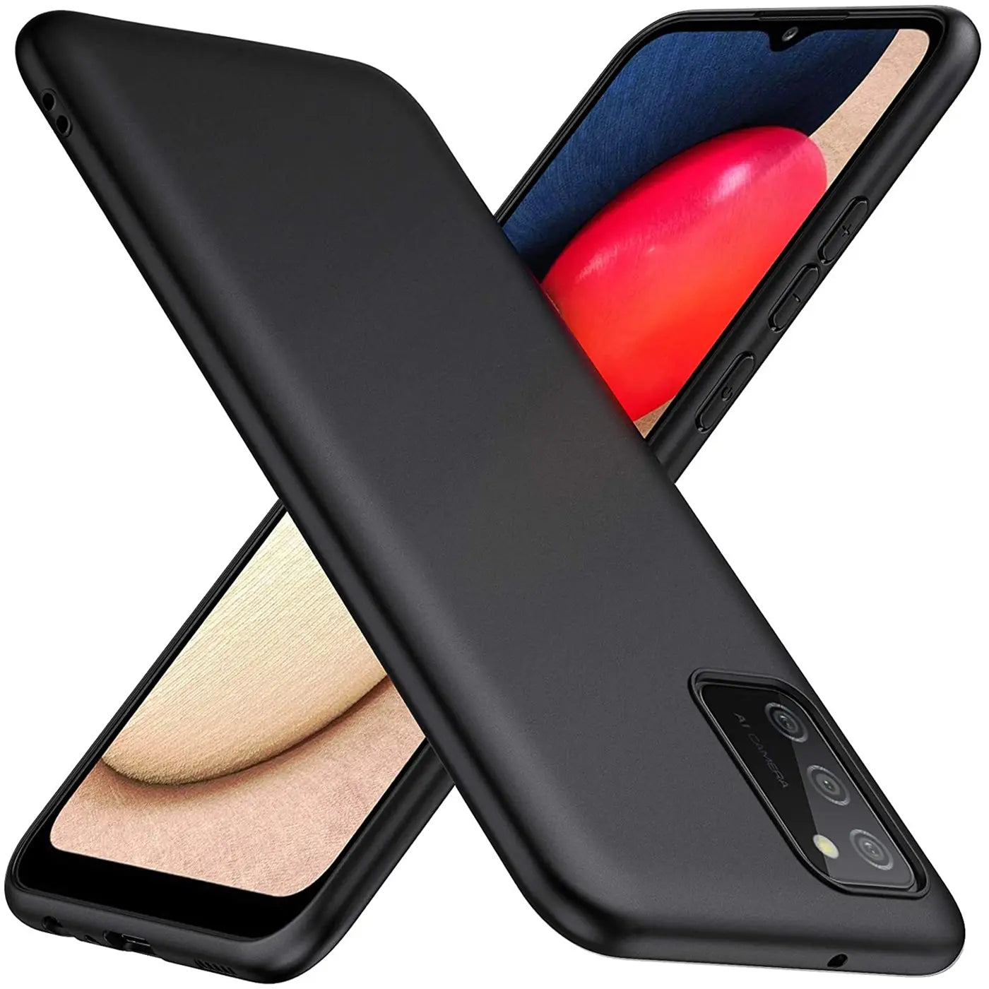 Schwarze Silikonhülle für Samsung Galaxy A02S, matt, von schräg oben