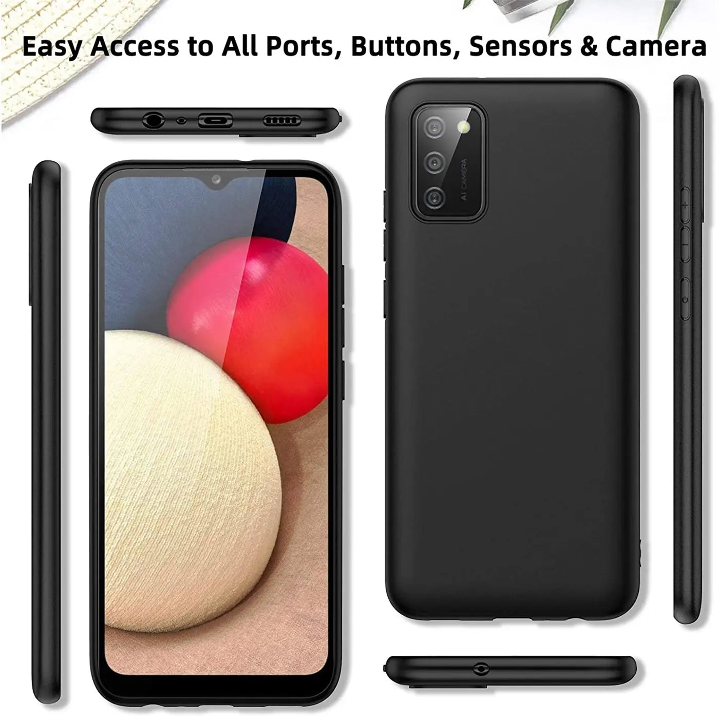 Schwarze Silikonhülle matt, von vorne, hinten, Seite, oben, unten. Samsung A02S.