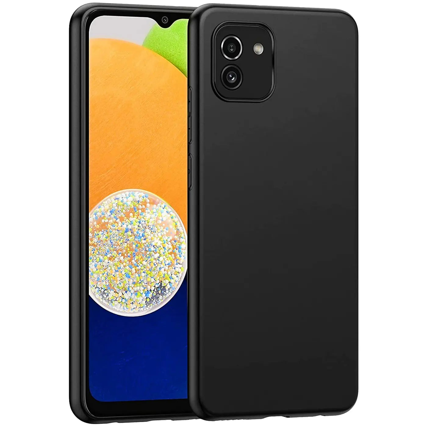 Schwarze matte Silikonhülle für Samsung Galaxy A03, von vorne, mit Handy.