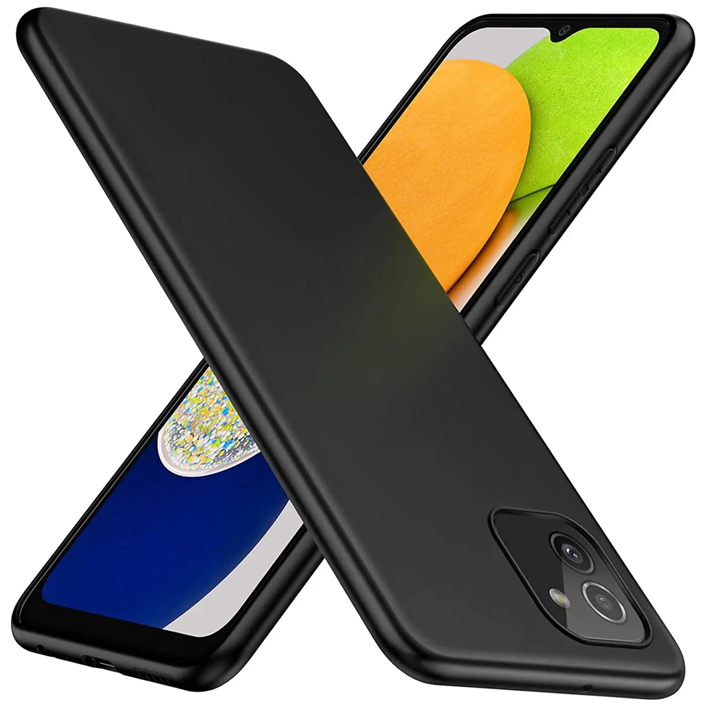 Schwarze Silikonhülle, matt, schräg von oben, zeigt Samsung Galaxy A03.