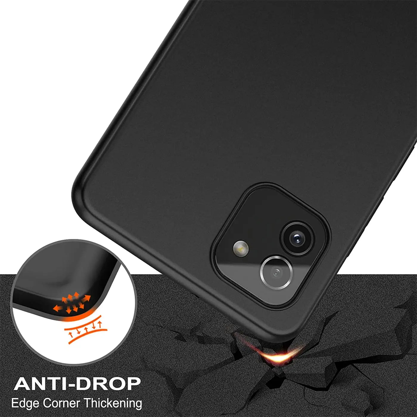 Schwarze, matte Silikonhülle auf Samsung Galaxy A03, Rückansicht, Nahaufnahme.