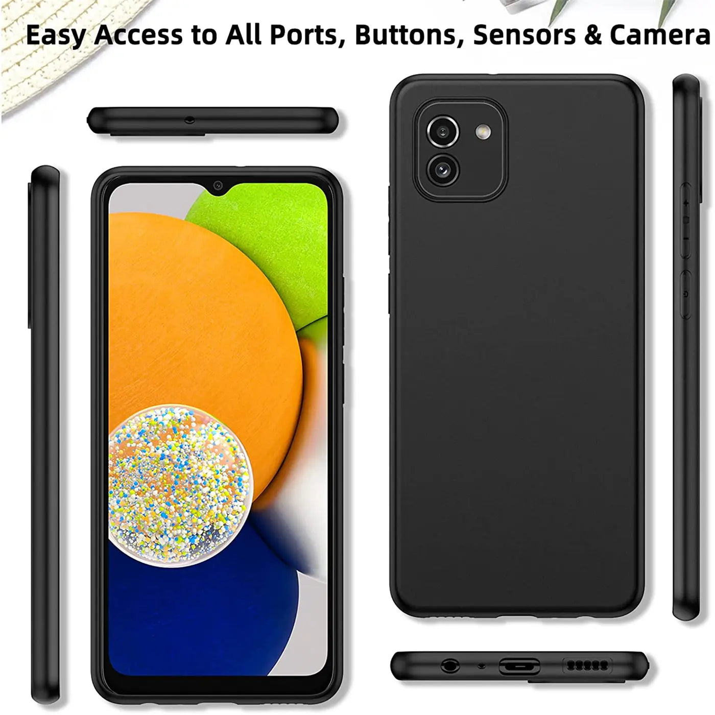 Schwarze Silikonhülle für Samsung Galaxy A03, verschiedene Ansichten.