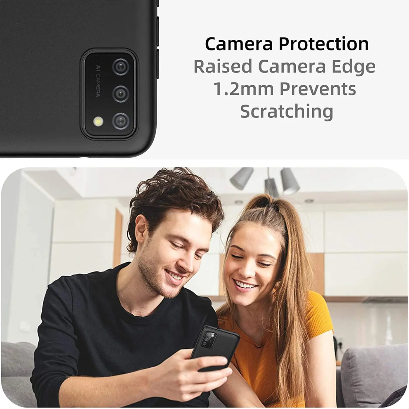 Schwarze, matte Silikonhülle für Samsung Galaxy A03s, Rückansicht, Nahaufnahme