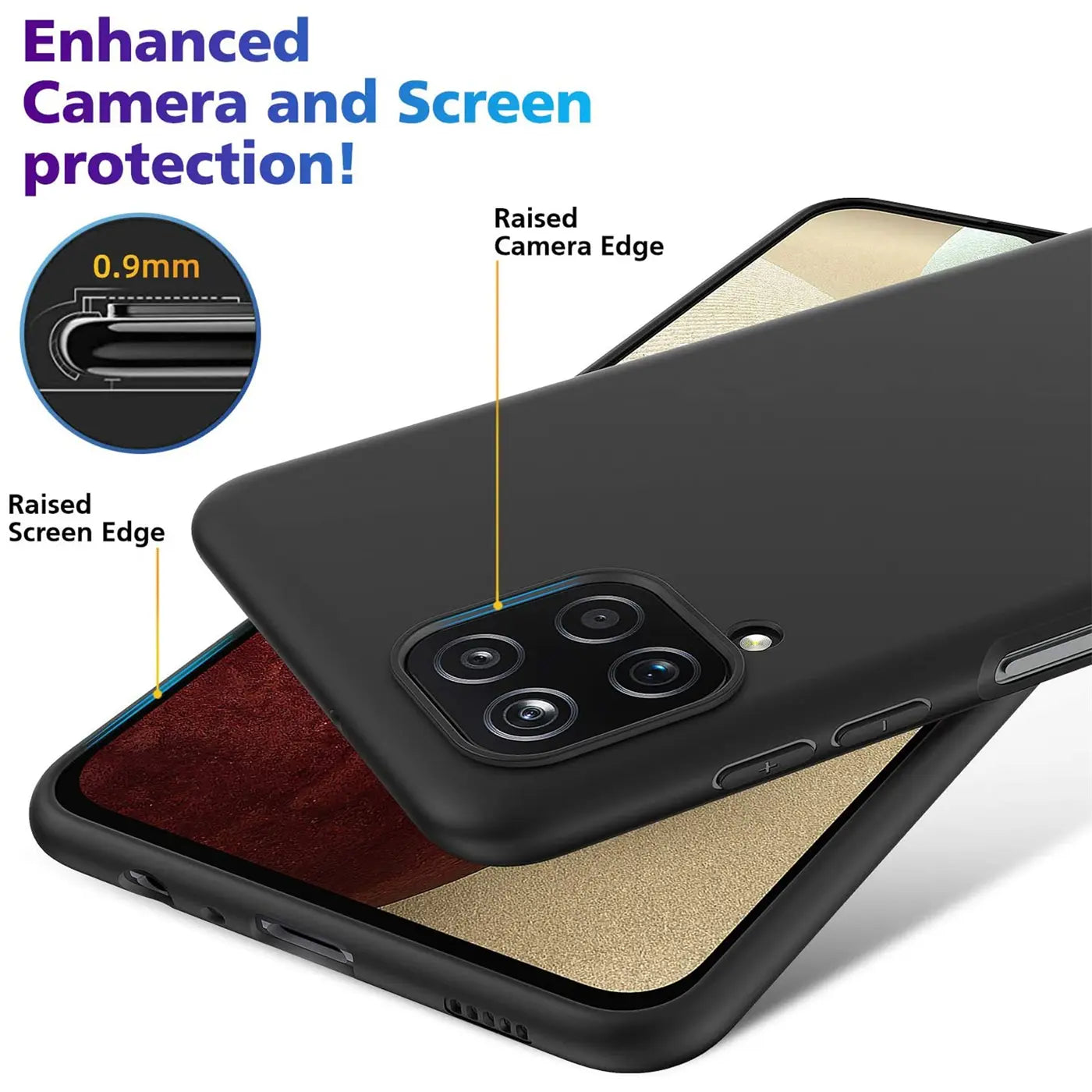 Schwarze Silikonhülle für Samsung Galaxy A12/M12, matt, von oben rechts