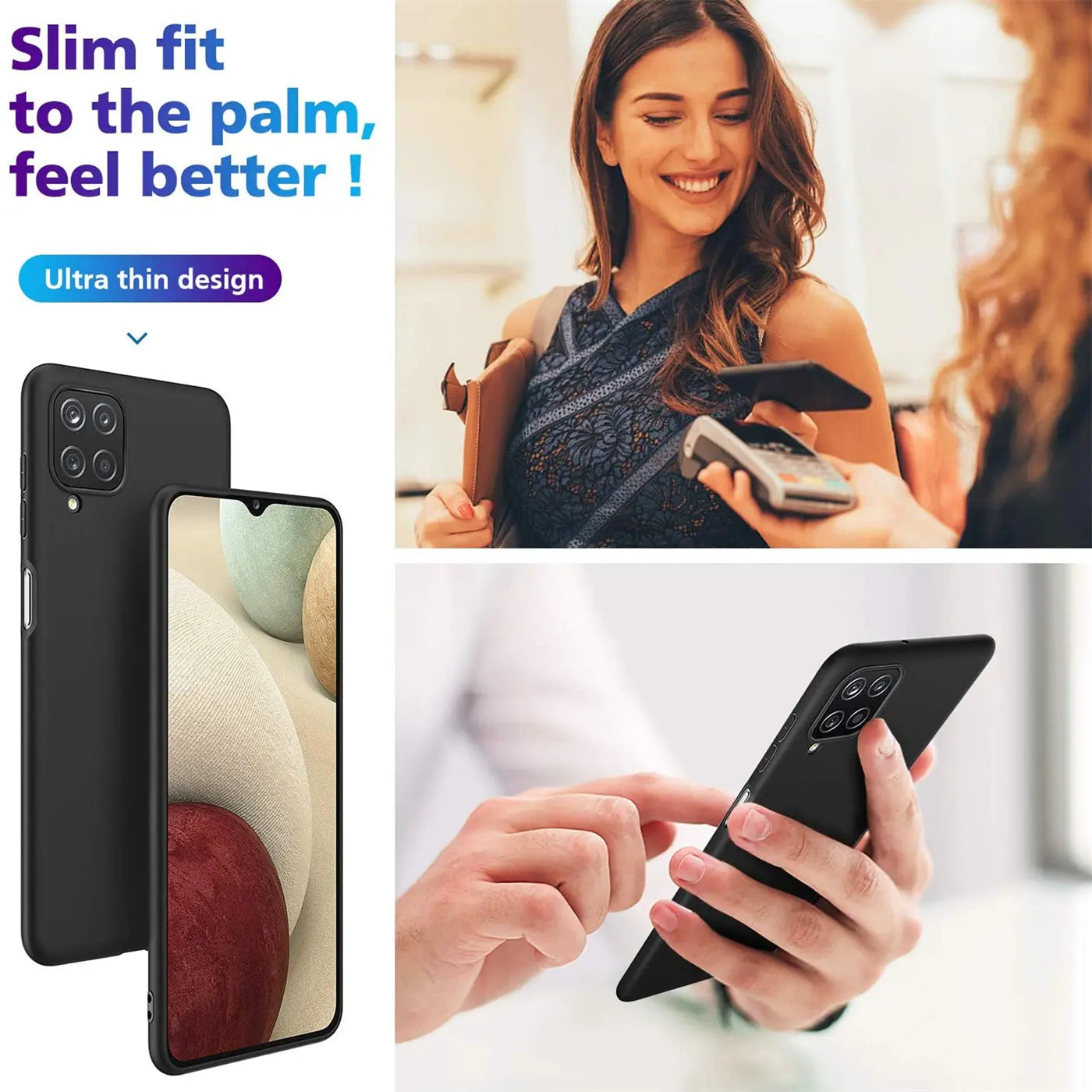 Schwarze Silikonhülle für Samsung Galaxy A12/M12, matt, von vorne und hinten gezeigt.