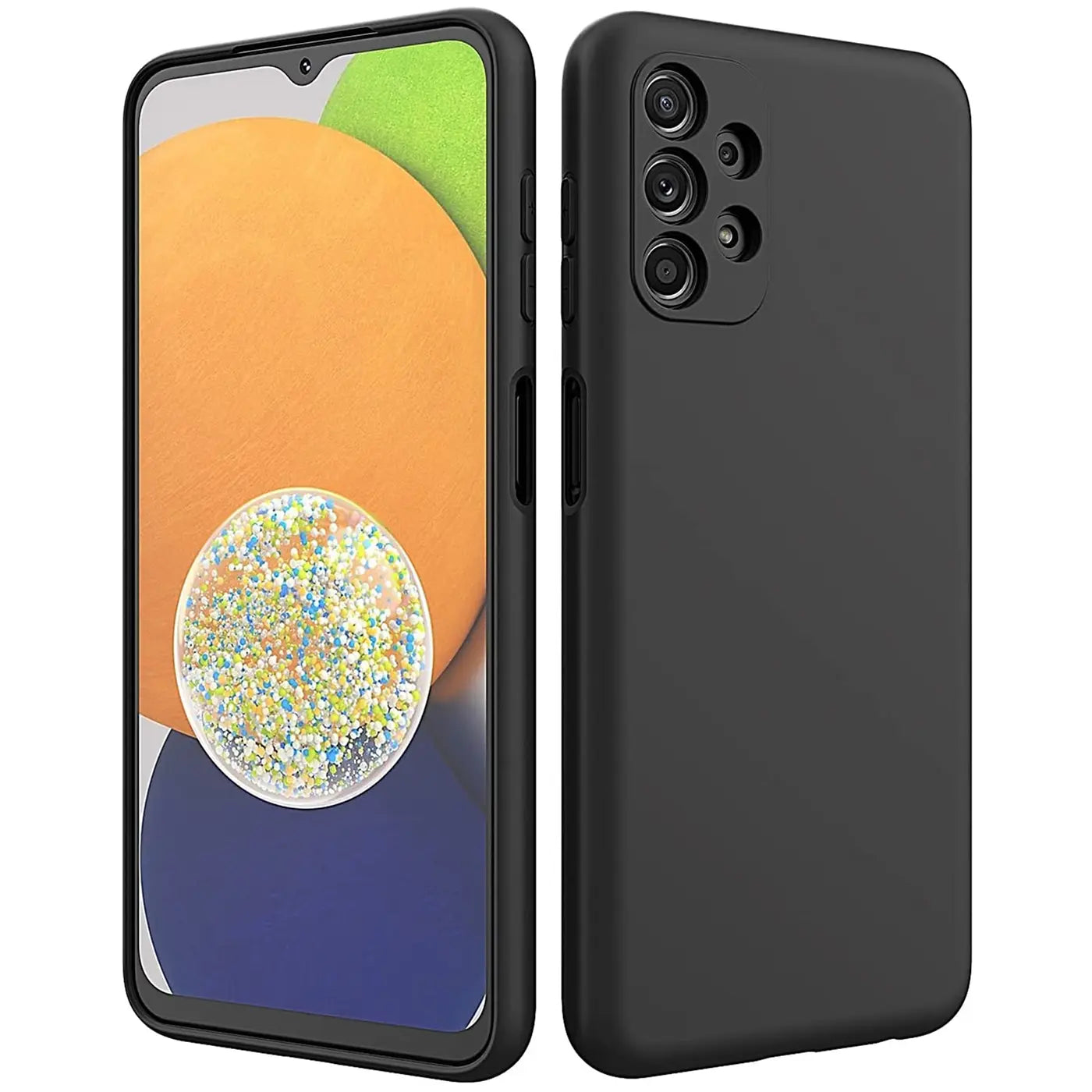 Schwarze Silikonhülle für Samsung Galaxy A13 4G, von vorne und hinten gezeigt.