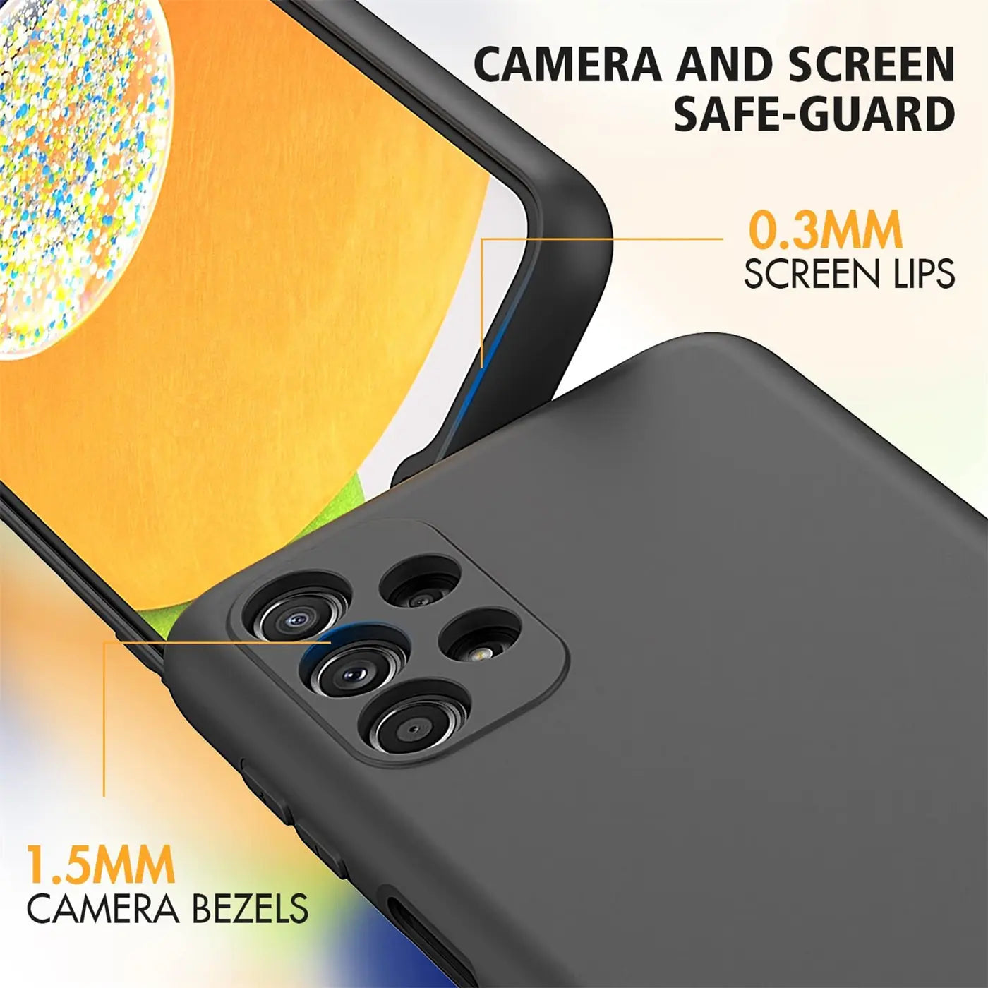 Schwarze, matte Silikonhülle auf einem Samsung Galaxy A13 4G, Nahaufnahme der Rückseite.