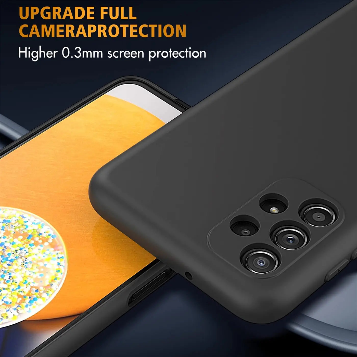 Schwarze, matte Silikonhülle auf einem Samsung Galaxy A13 4G, Nahaufnahme der Rückseite.