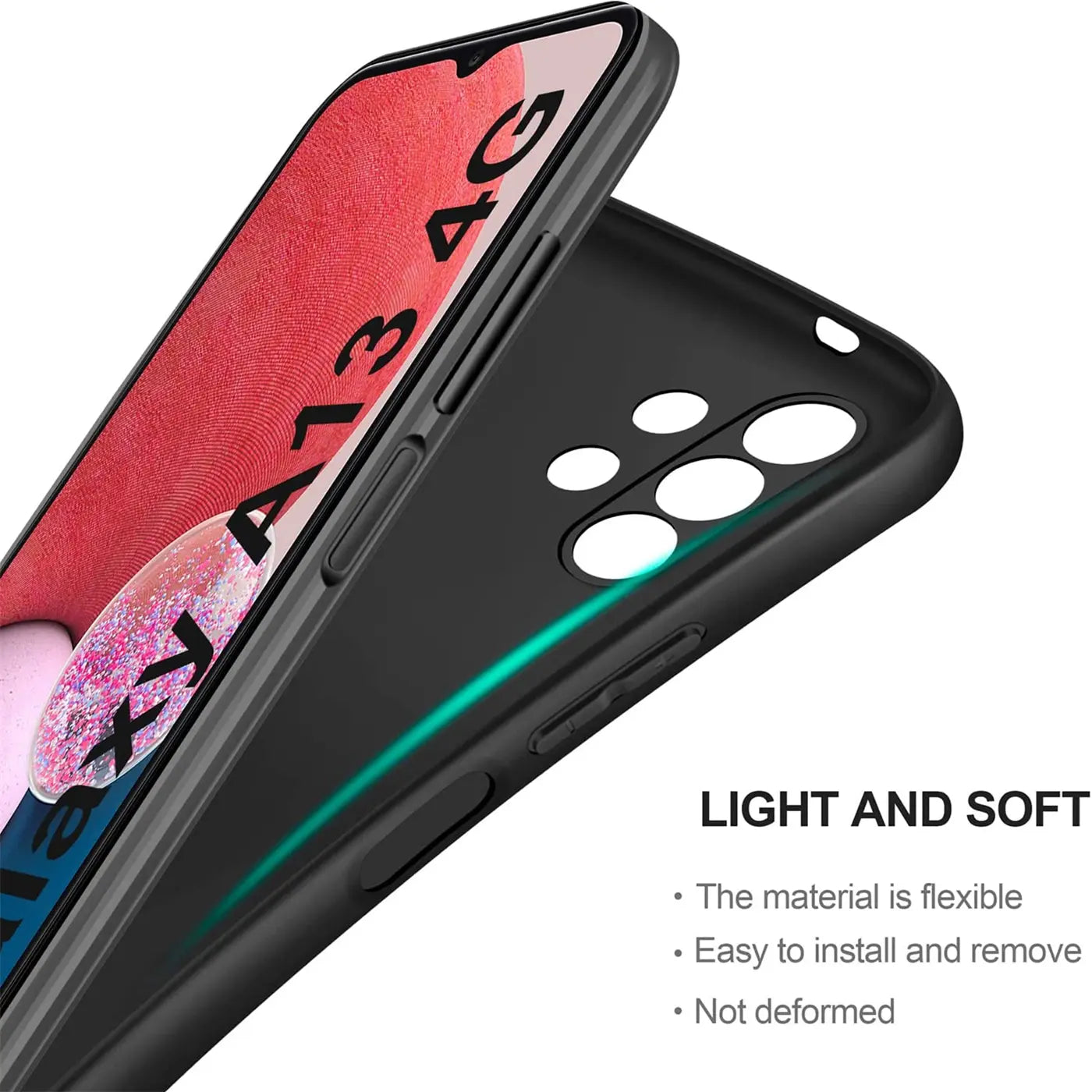 Schwarze Silikonhülle für Samsung Galaxy A13 4G, von schräg oben, matt.