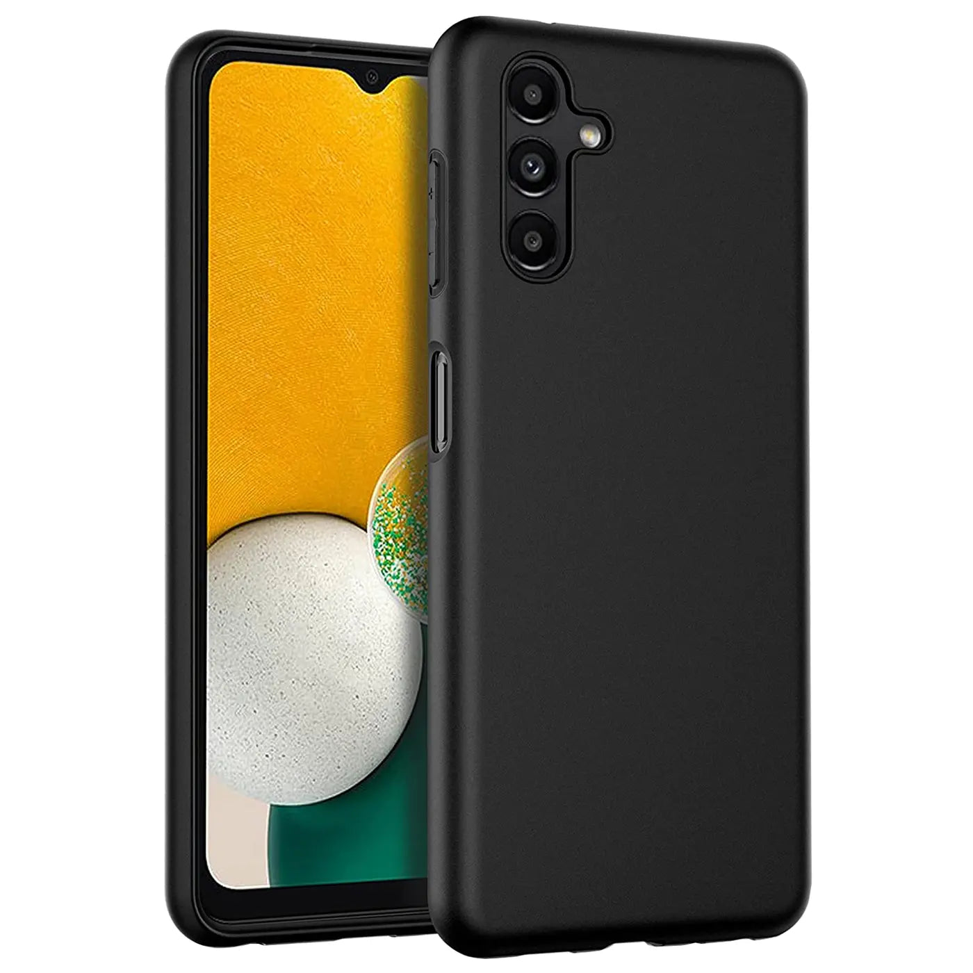 Schwarze Silikonhülle matt auf Samsung Galaxy A13 5G / A04s, Seitenansicht.