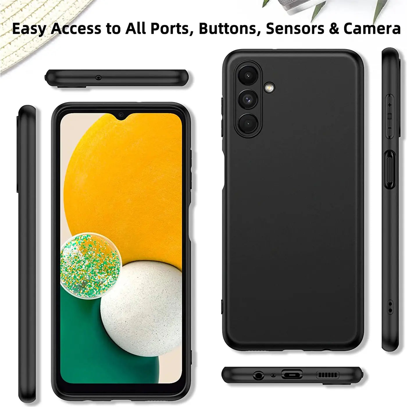 Schwarze Silikonhülle für Samsung Galaxy A13 5G/A04s, verschiedene Ansichten