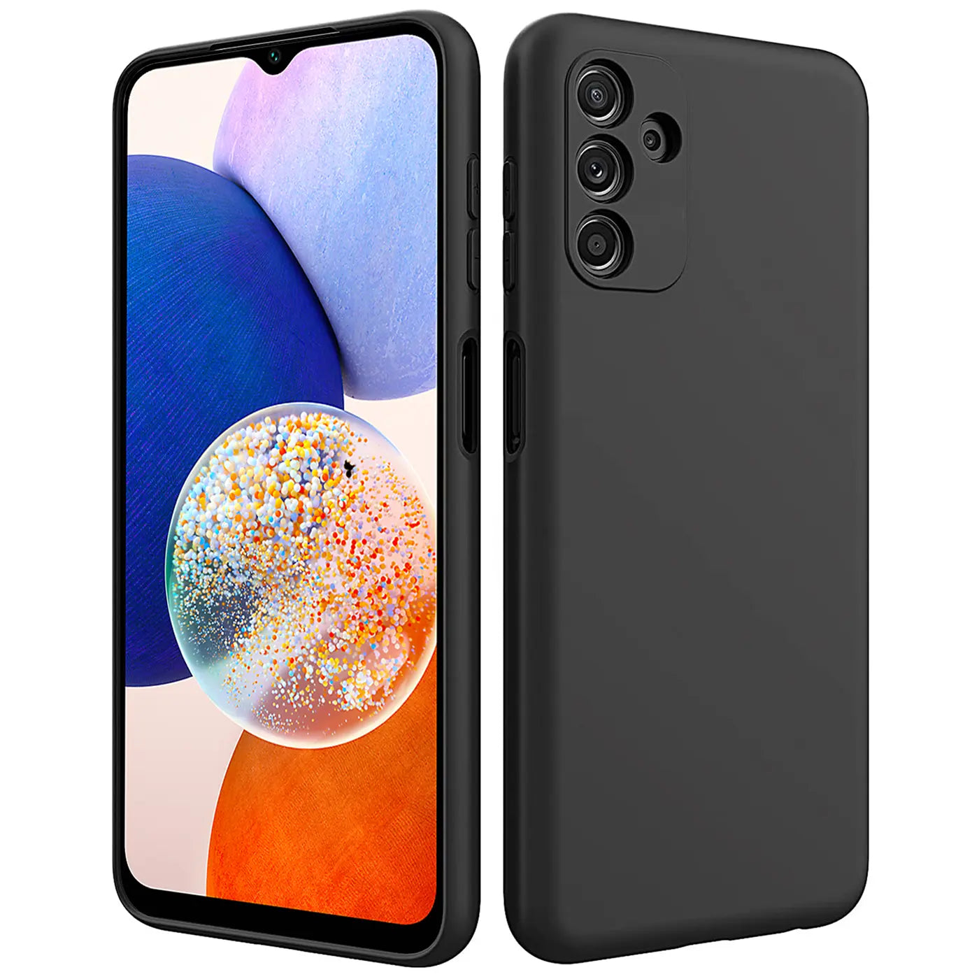 Schwarze, matte Silikonhülle für Samsung Galaxy A14 4G/5G, von hinten und vorne gezeigt.
