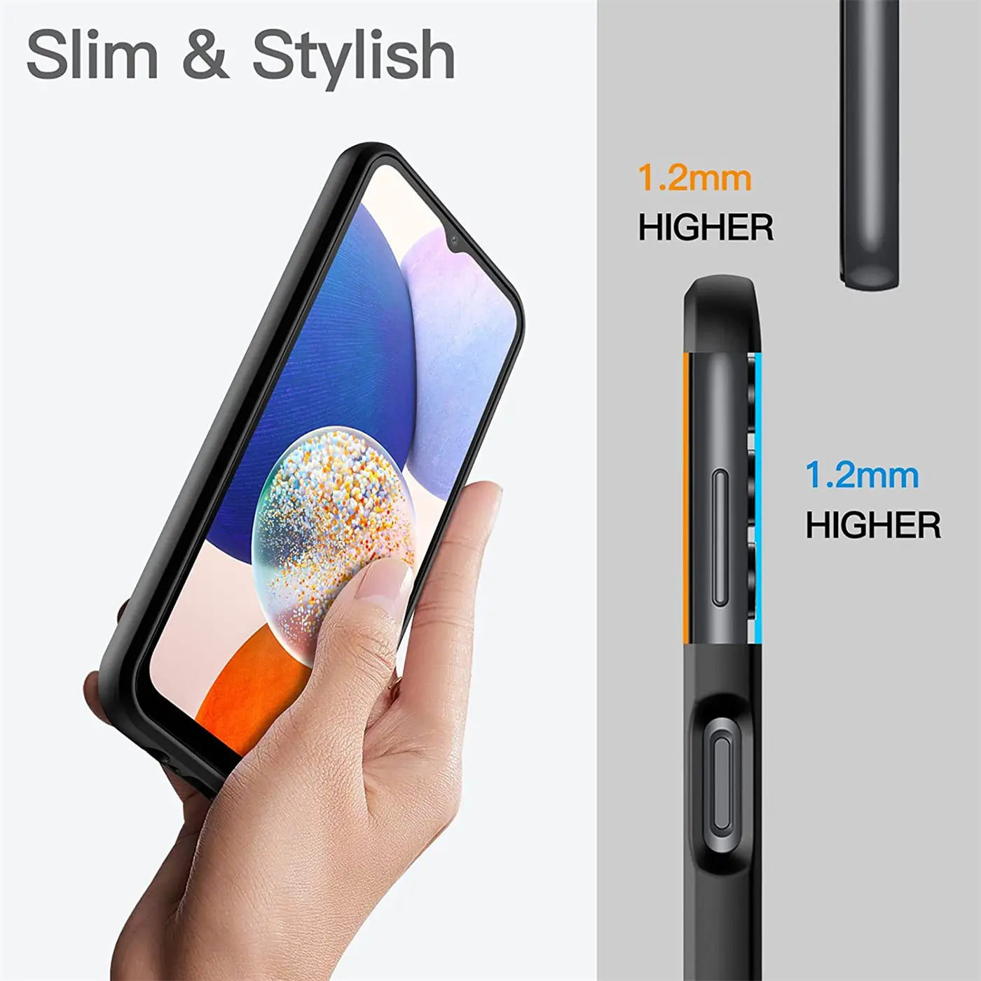 Schwarze Silikonhülle für Samsung Galaxy A14, von vorne und seitlich gezeigt.