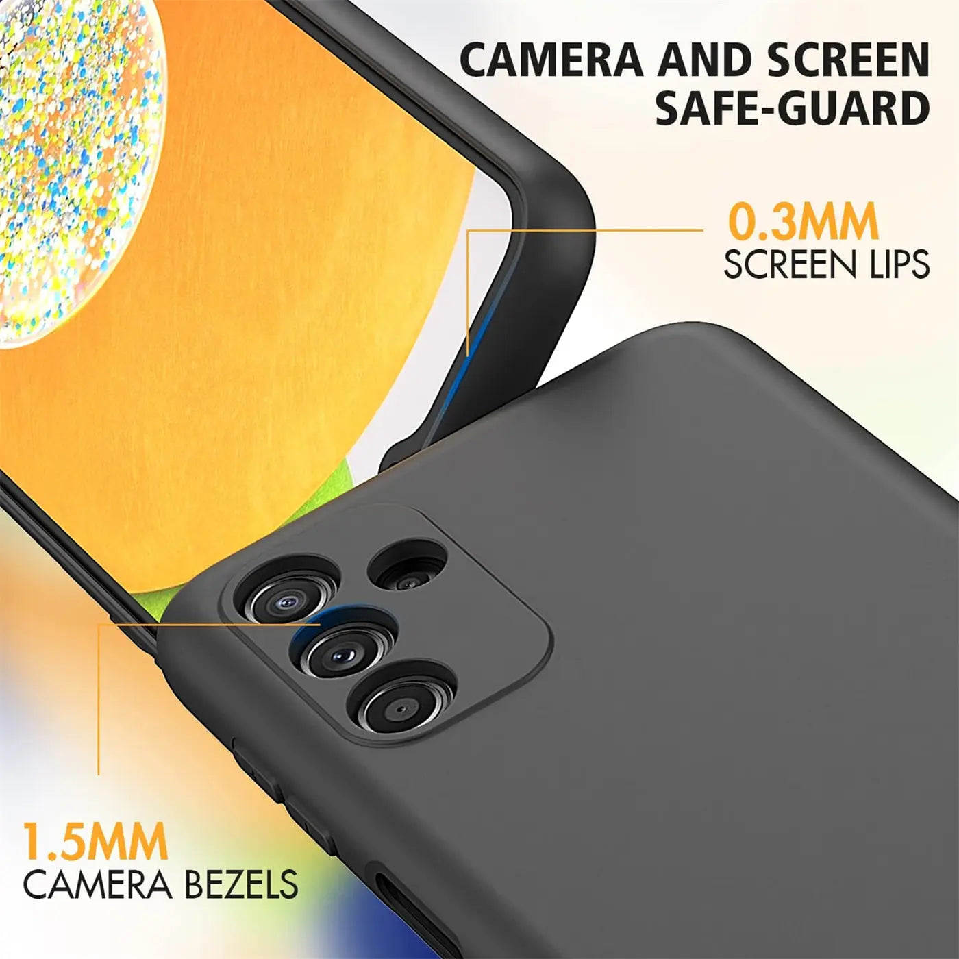 Schwarze, matte Silikonhülle auf einem Samsung Galaxy A14. Nahaufnahme der Rückseite.