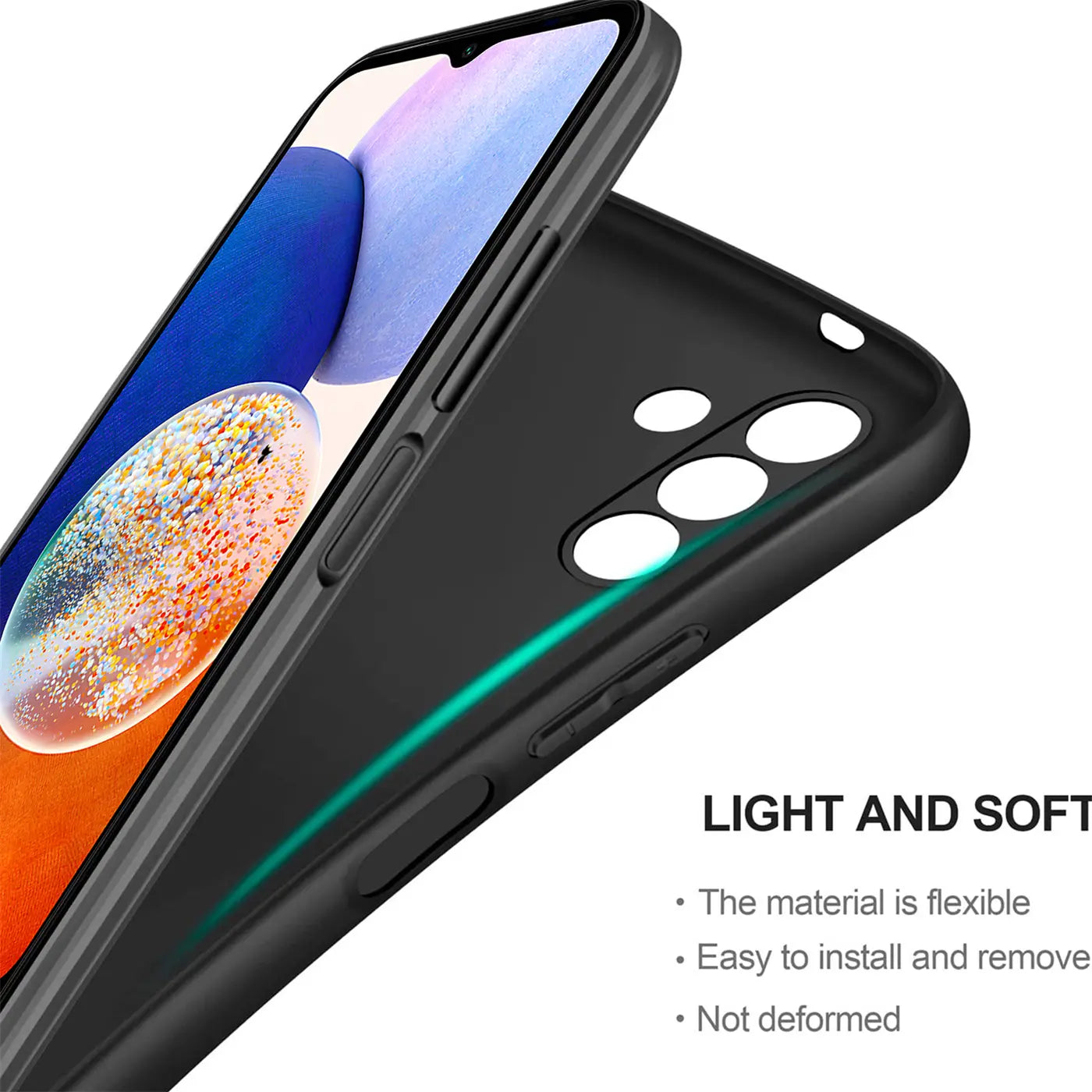 Schwarze, matte Silikonhülle auf einem Samsung Galaxy A14. Nahaufnahme, von schräg oben.