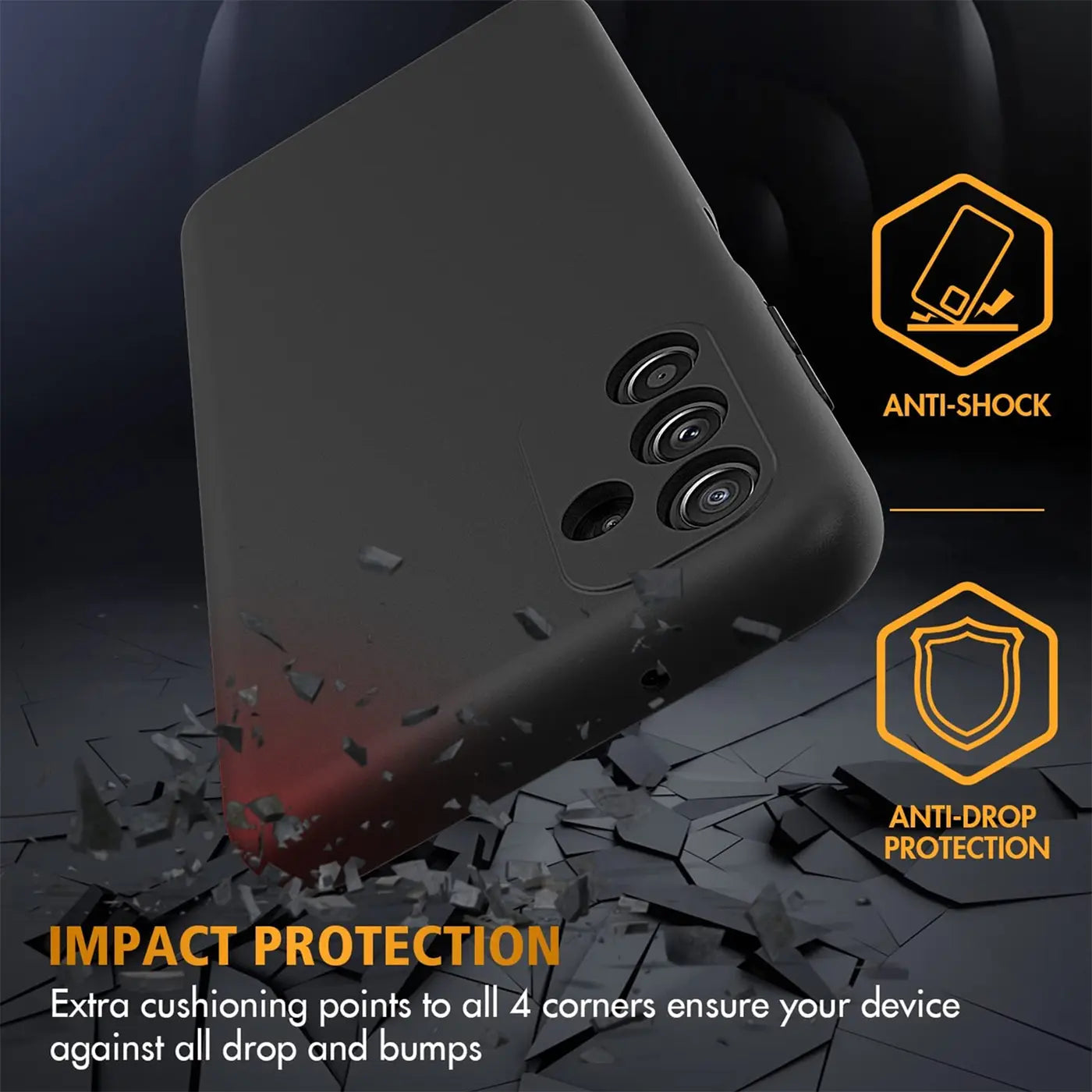 Schwarze matte Silikonhülle für Samsung Galaxy A14, Rückansicht, Nahaufnahme.
