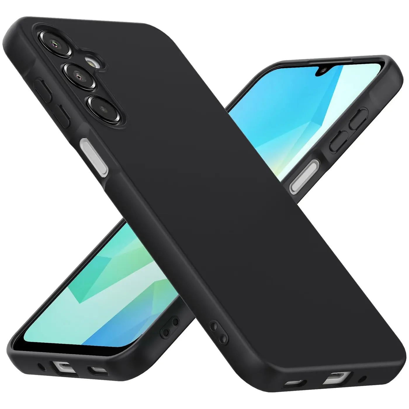 Schwarze matte Silikonhülle für Samsung Galaxy A16 5G, von schräg oben fotografiert.