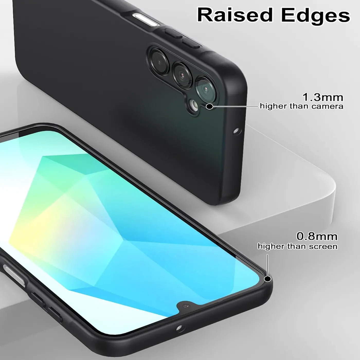Schwarze Silikonhülle für Samsung Galaxy A16 5G, von oben/seitlich, mit erhöhten Kanten.