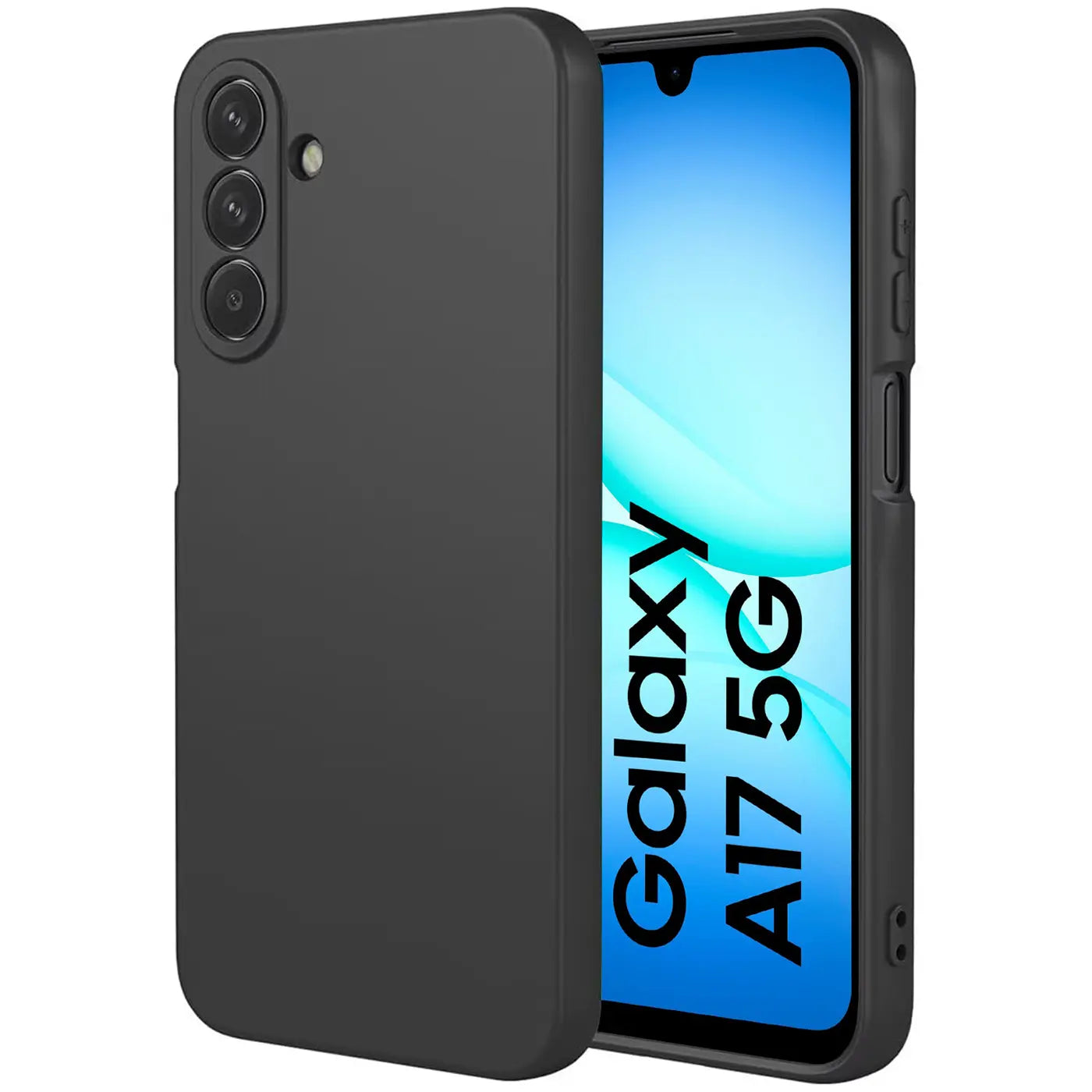 Schwarze Silikonhülle für Samsung Galaxy A17 5G, von vorne links, matt.