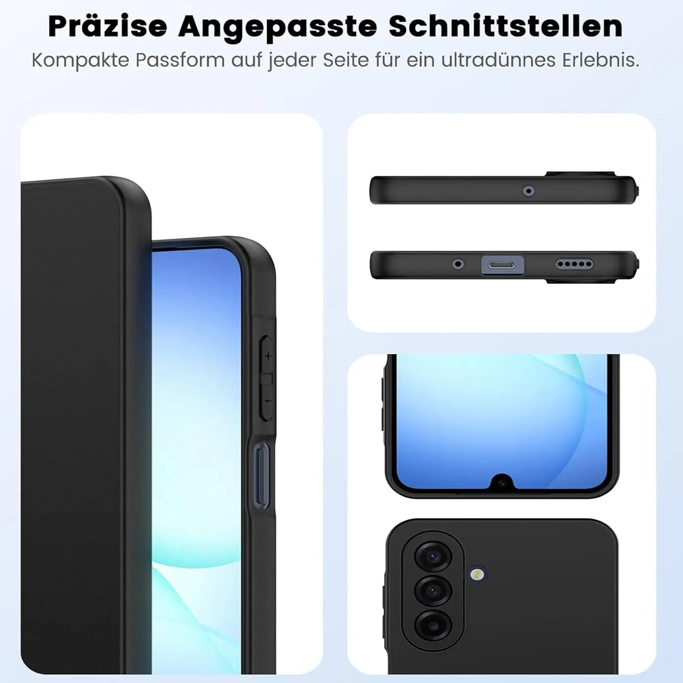 Schwarze Silikonhülle, Seitenansicht & Rückseite eines Samsung Galaxy A17 5G.