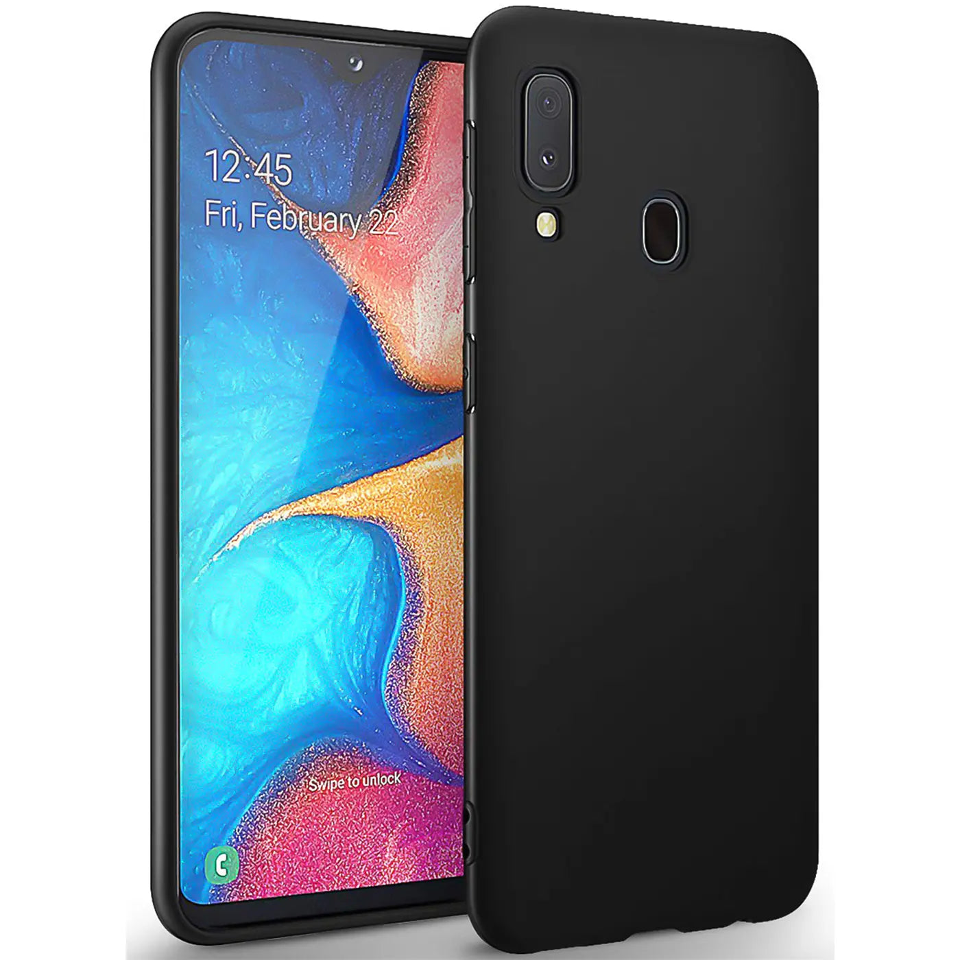 Schwarze Silikonhülle für Samsung Galaxy A20e, von vorne und hinten gezeigt.