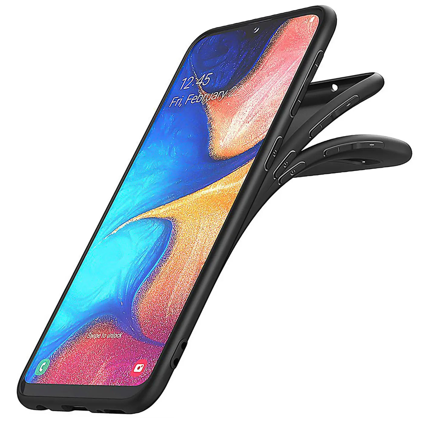 Schwarze Silikonhülle, von schräg oben, auf Samsung Galaxy A20e