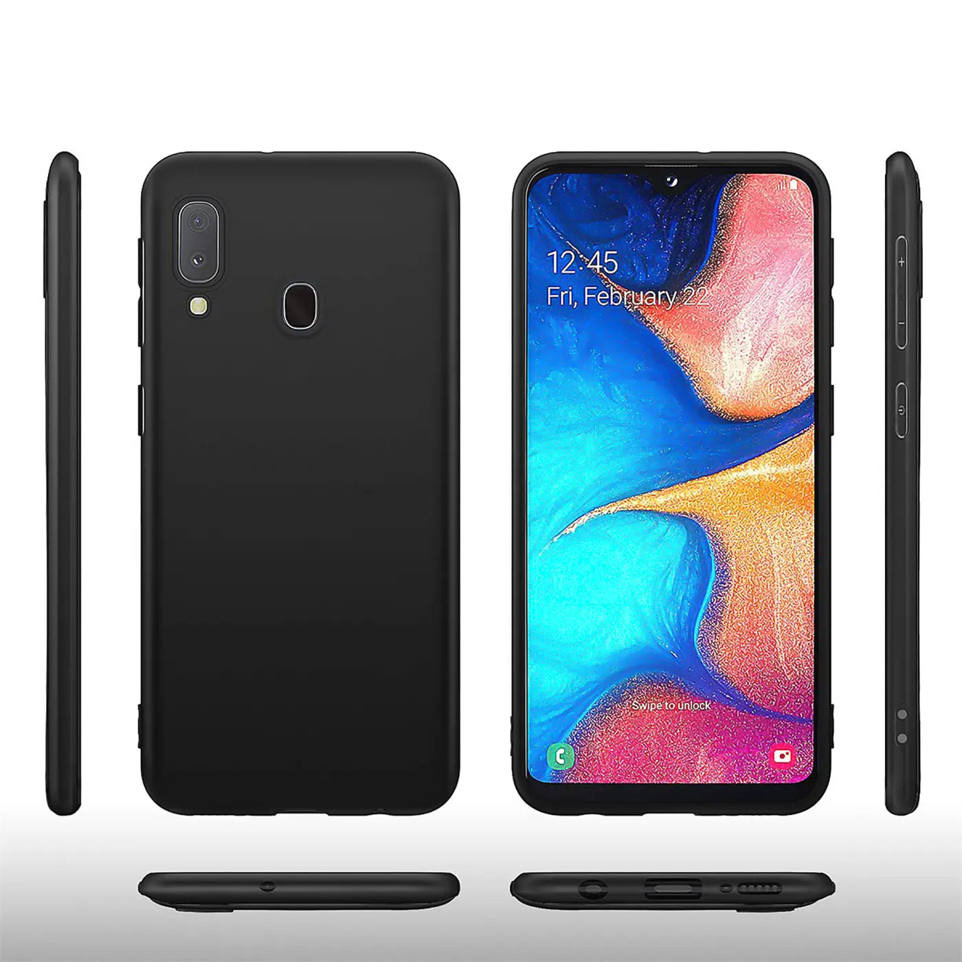 Schwarze Silikonhülle für Samsung Galaxy A20e, verschiedene Ansichten