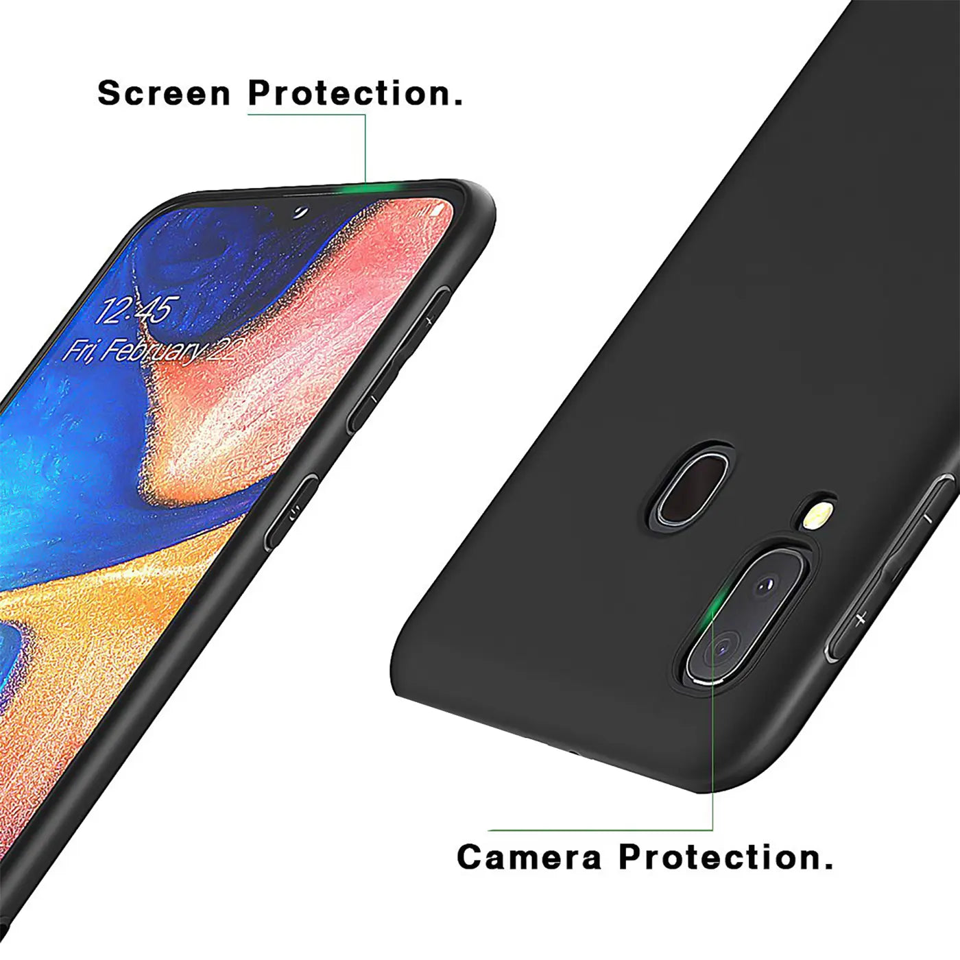 Schwarze matte Silikonhülle für Samsung Galaxy A20e, von schräg oben, zeigt Rückseite und Bildschirm.