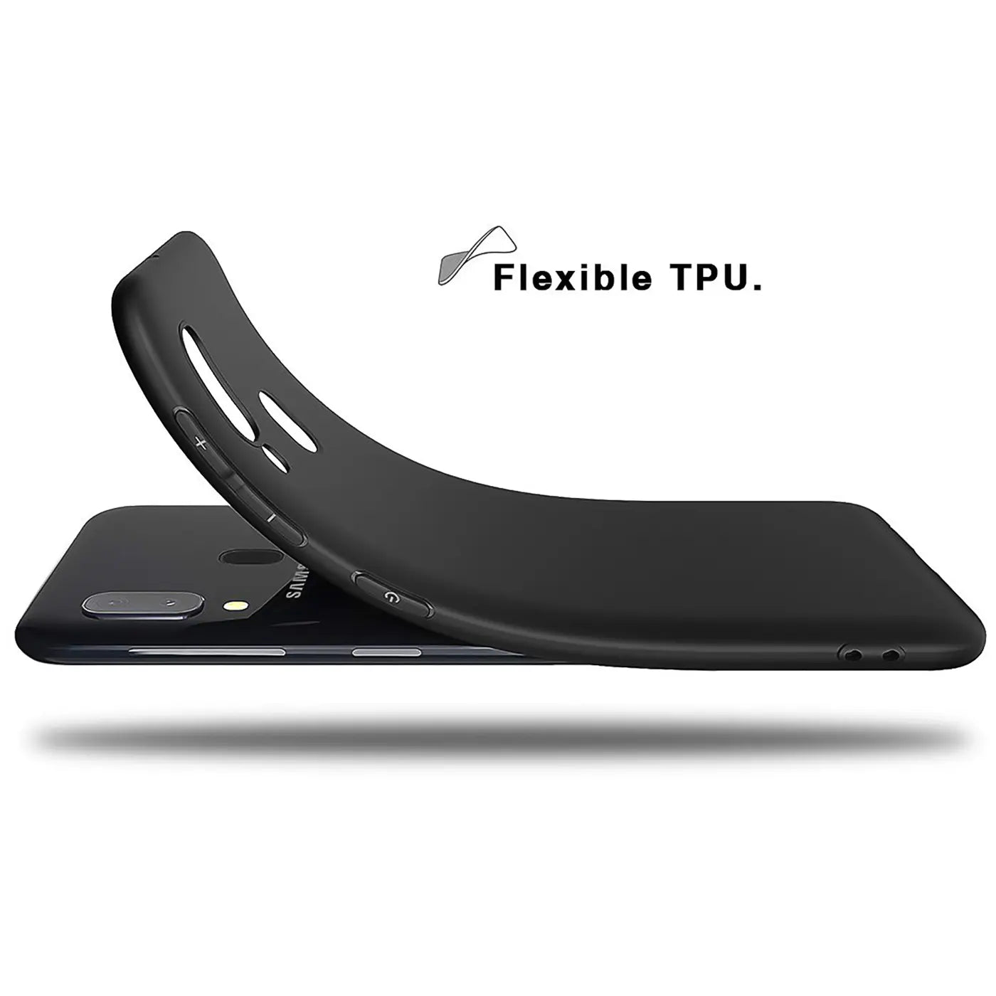 Schwarze, matte Silikonhülle, die sich über ein Samsung Galaxy A20e biegt.