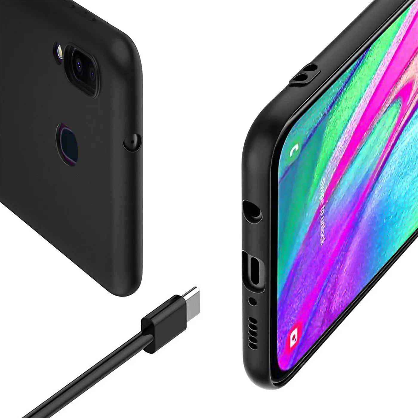 Schwarze Silikonhülle für Samsung Galaxy A20e, Rückseite und Seite mit Ladekabel.