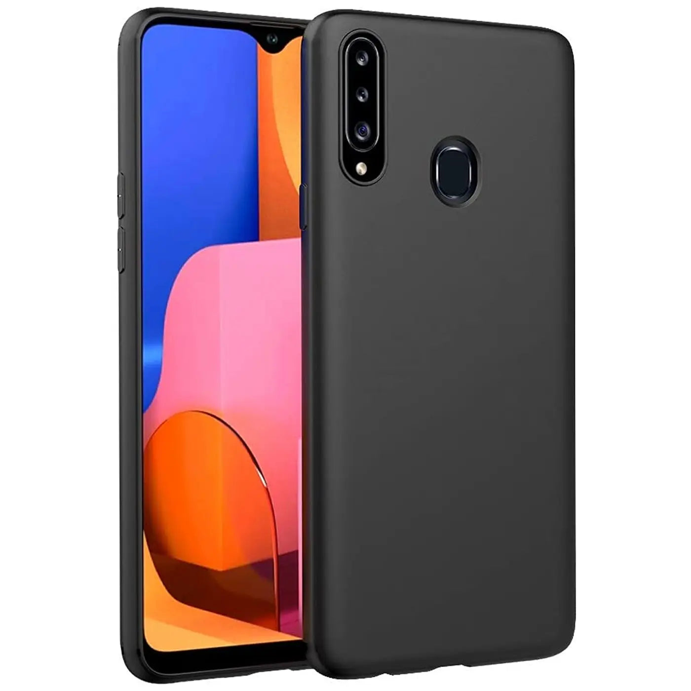 Schwarze Silikonhülle matt, von schräg vorne, zeigt Samsung Galaxy A20s.