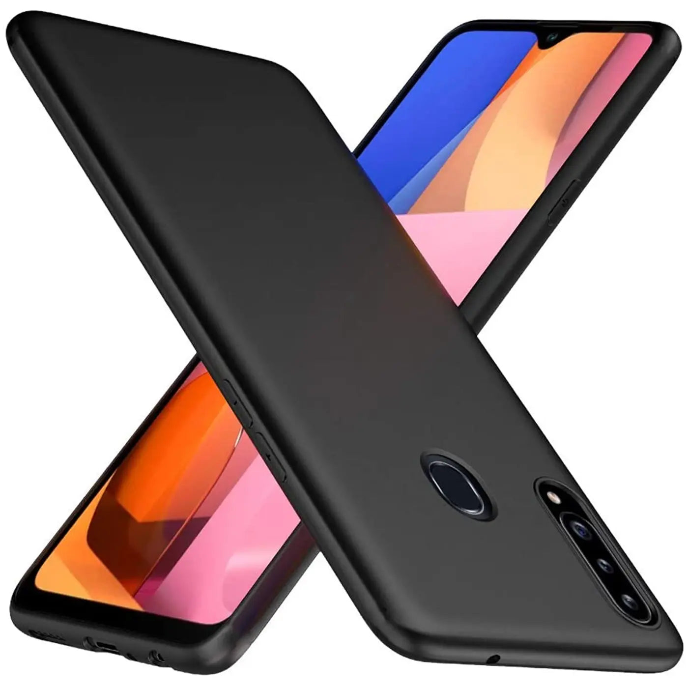 Schwarze Silikonhülle matt, schräg von vorne, zeigt Rückseite Samsung Galaxy A20s mit Fingerabdrucksensor.