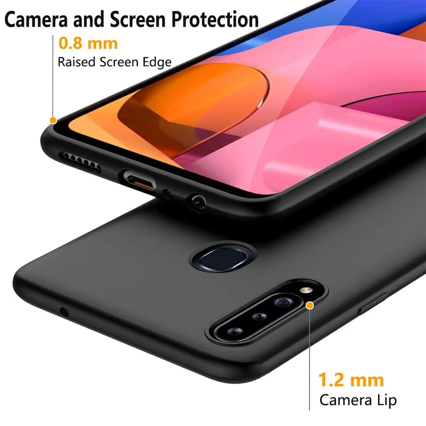 Schwarze Silikonhülle für Samsung Galaxy A20s, von oben/seitlich, matt.