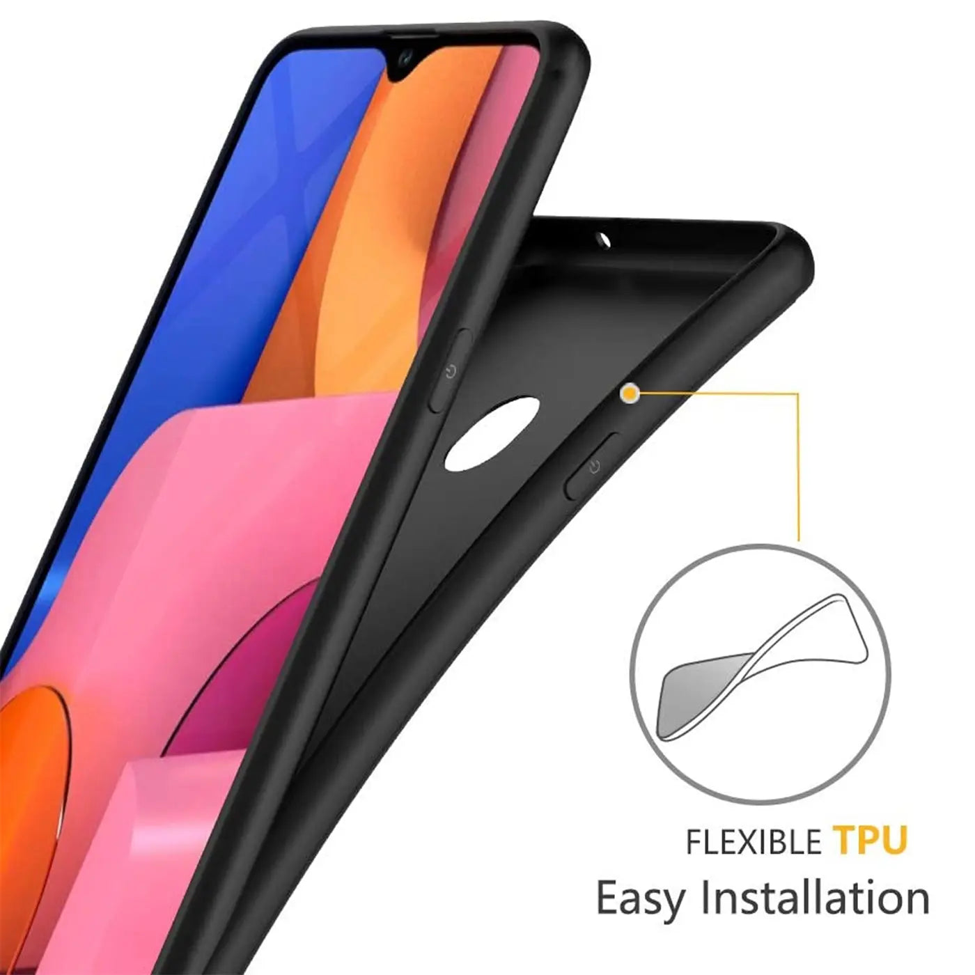 Schwarze Silikonhülle für Samsung Galaxy A20s, von der Seite gezeigt, mit flexiblem TPU-Detail.