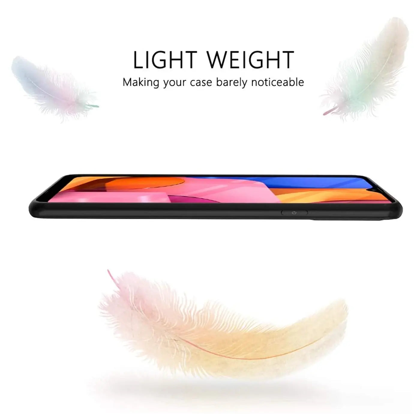 Schwarze Silikonhülle für Samsung Galaxy A20s, von der Seite gesehen.