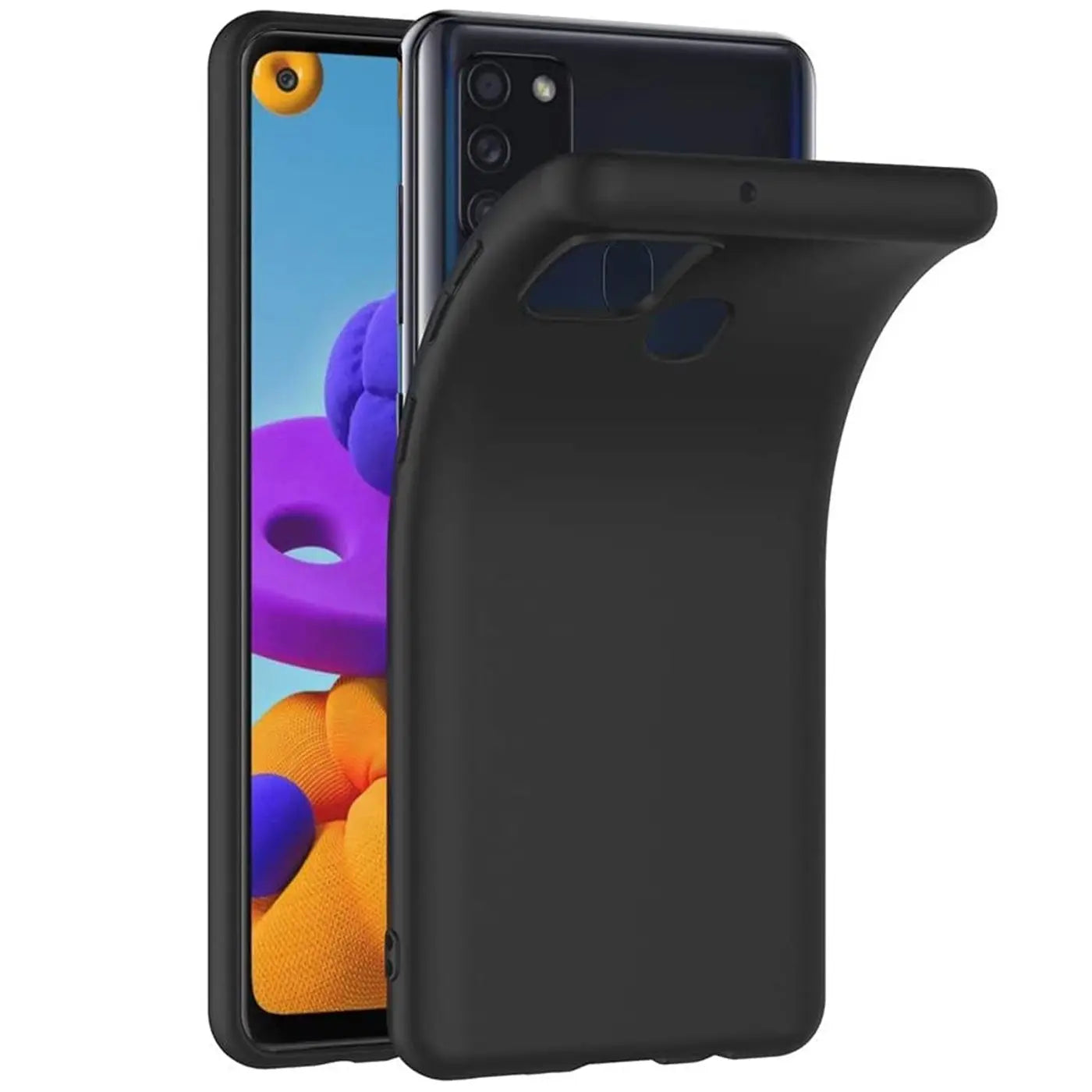 Schwarze Silikonhülle, matt, von vorne/seitlich, Samsung Galaxy A21s