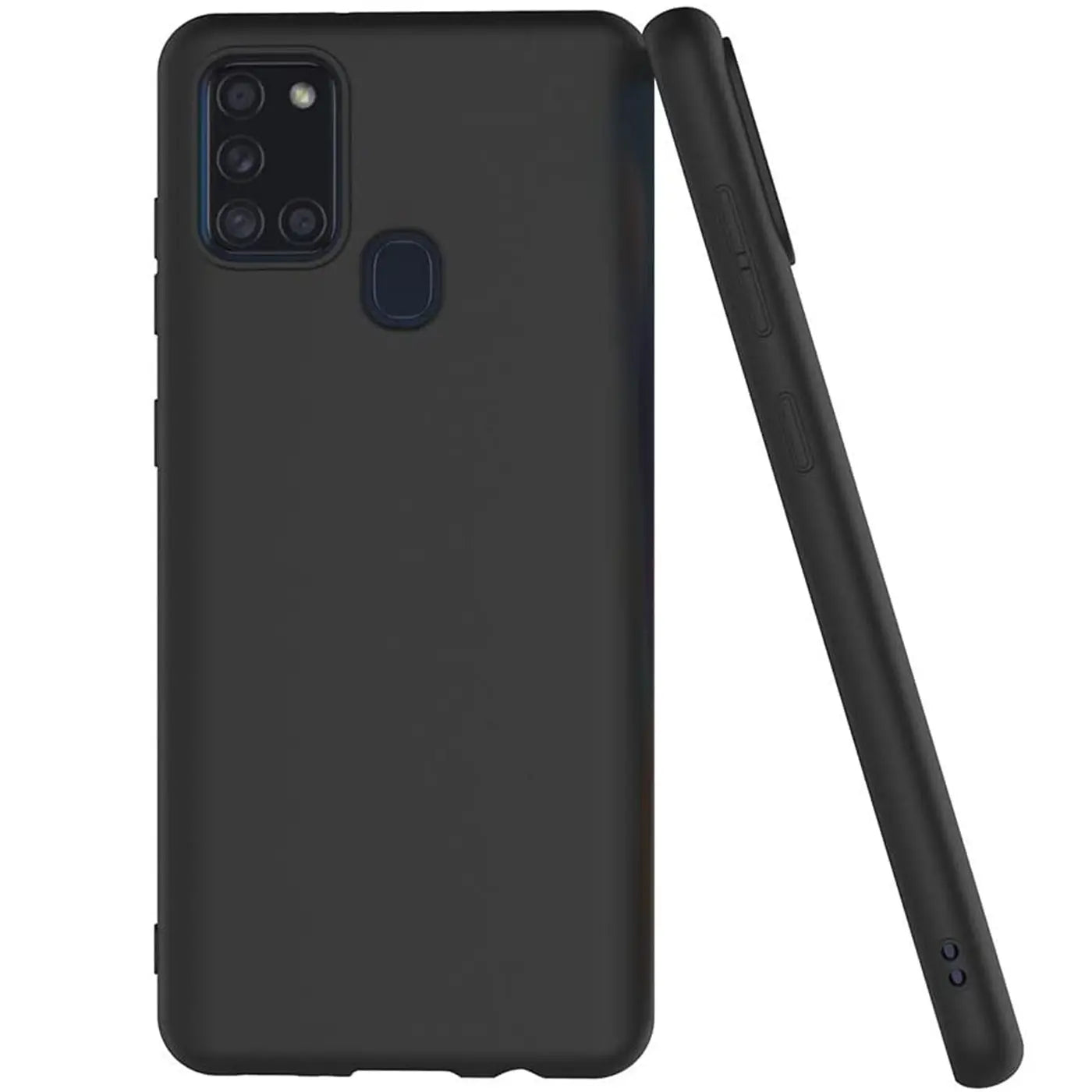 Schwarze matte Silikonhülle für Samsung Galaxy A21s, Rückansicht und Seitenansicht.