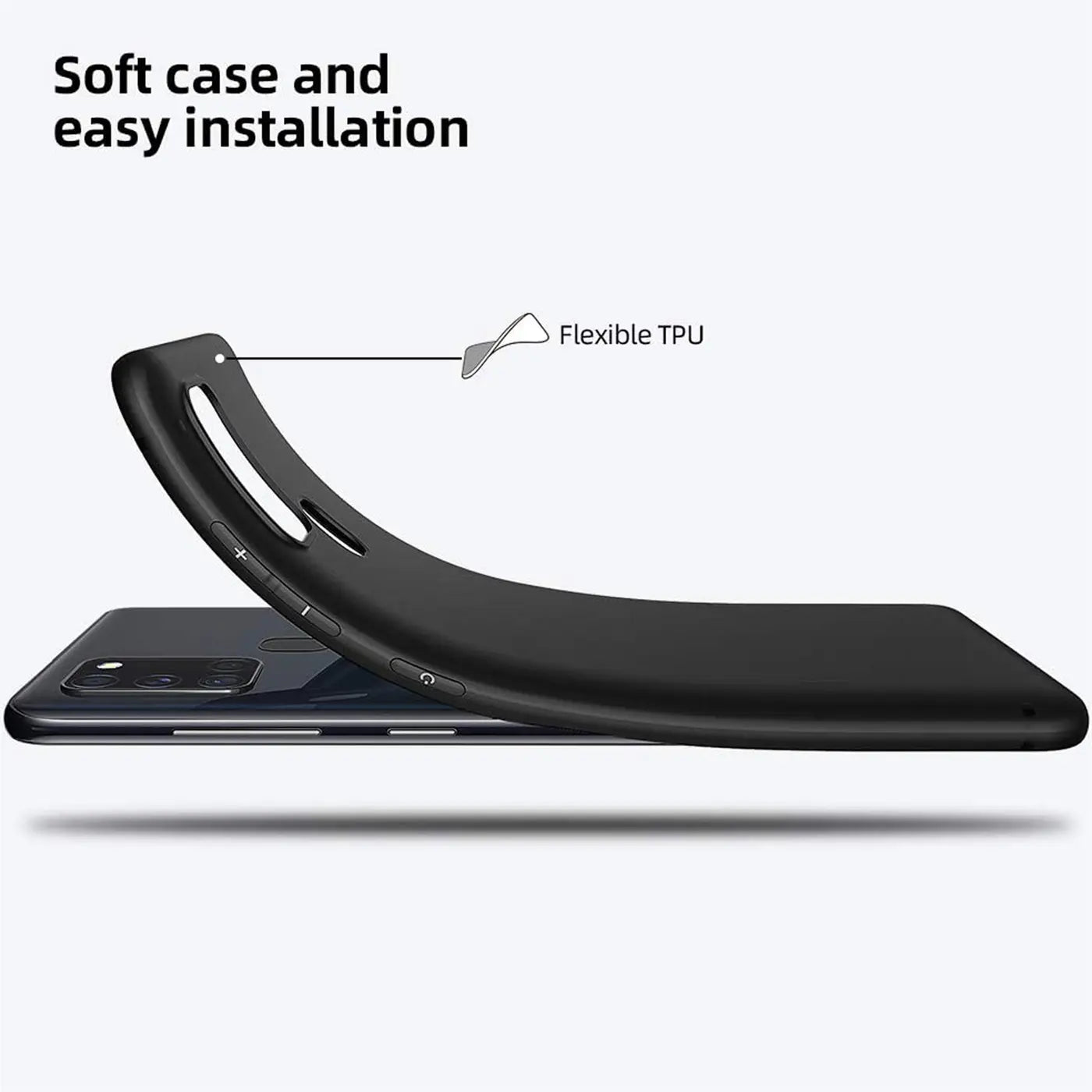Schwarze, matte TPU-Hülle über einem Samsung Galaxy A21s, Seitenansicht.