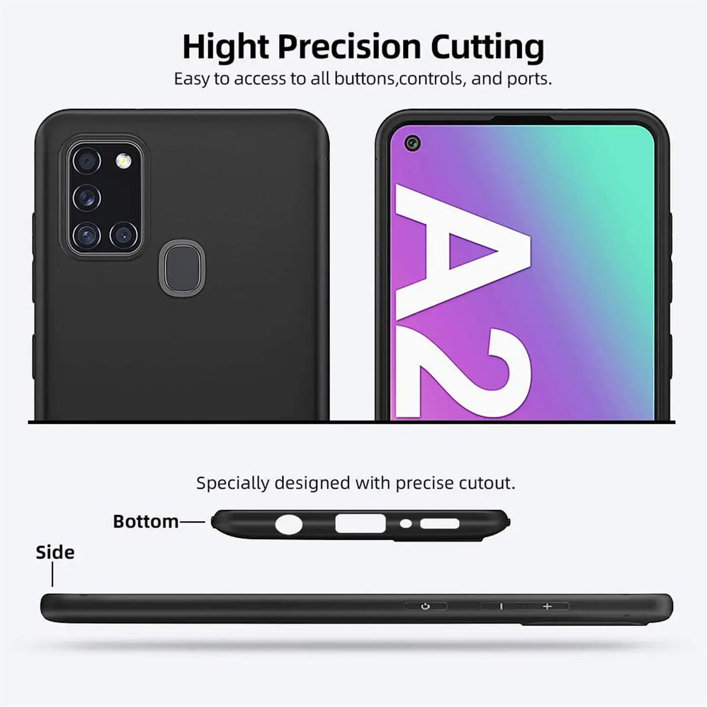 Schwarze Silikonhülle, Rückseite und Vorderseite eines Samsung Galaxy A21s, Seitenansicht.