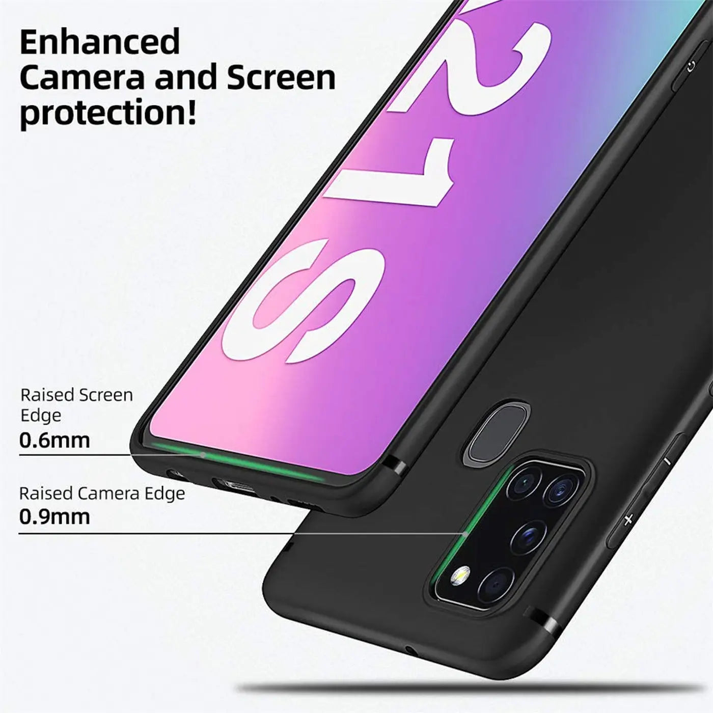 Schwarze Silikonhülle für Samsung Galaxy A21s, von schräg unten, Rückseite und Display sichtbar.